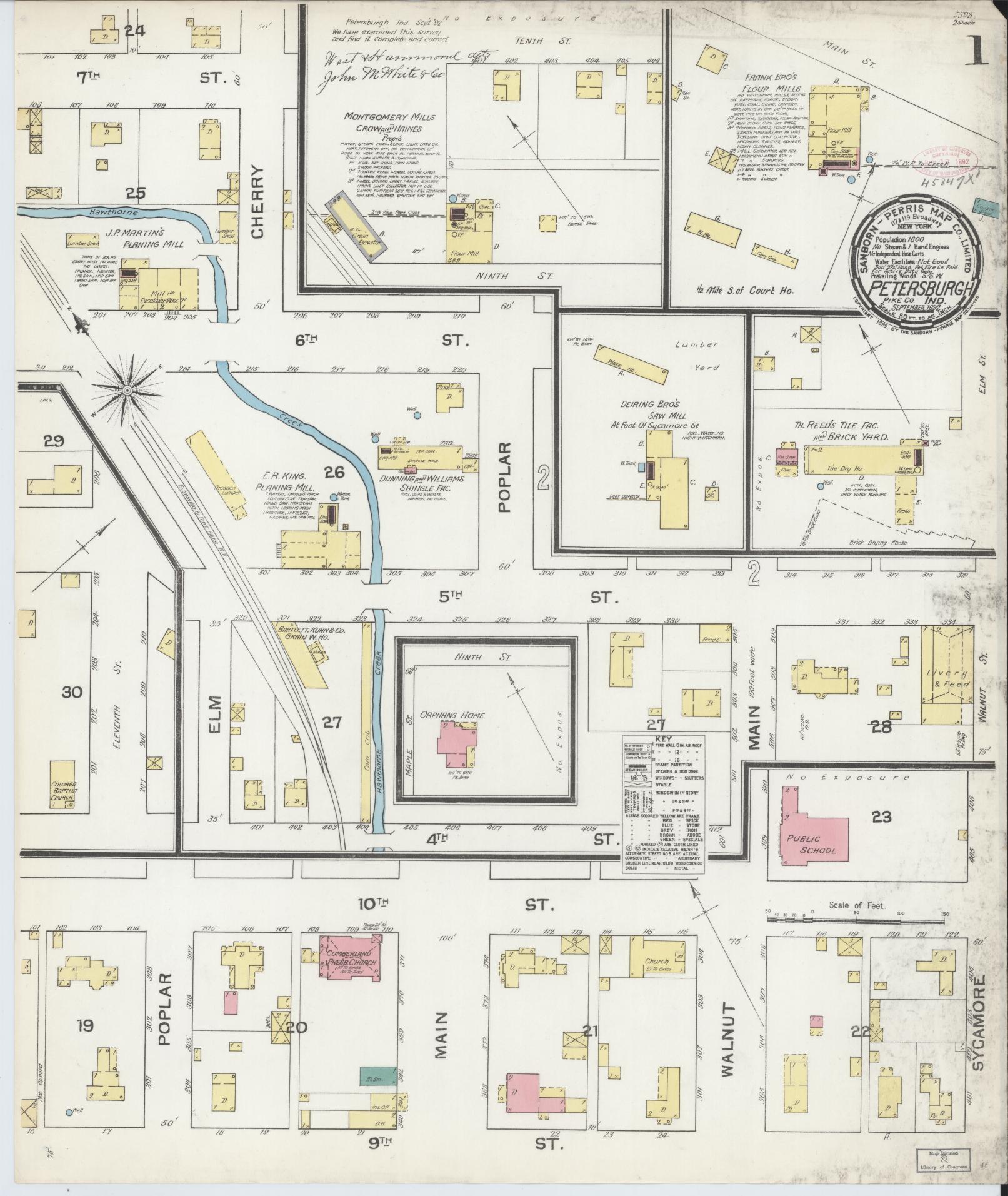 Sanborn Fire Insurance Map from Petersburg, Pike County, Indiana (1892), Sheet #0001 - Historic Sanborn Fire Insurance Map Print, vintage old map wall art, antique decor, genealogy gift, Indiana Indiana map