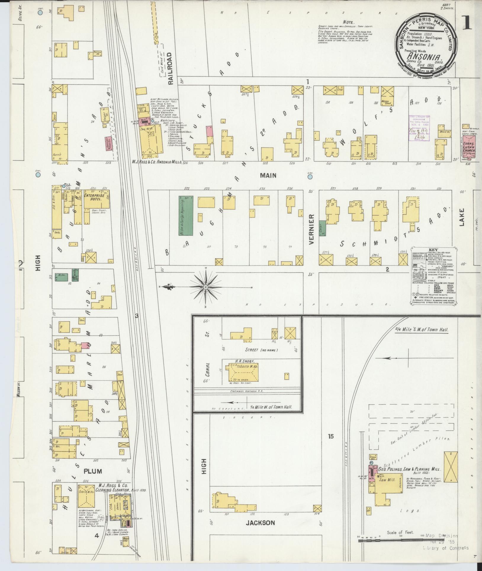 Sanborn Fire Insurance Map from Ansonia, Darke County, Ohio (1901), Sheet #0001 - Historic Sanborn Fire Insurance Map Print, vintage old map wall art, antique decor, genealogy gift, Ohio Ohio map