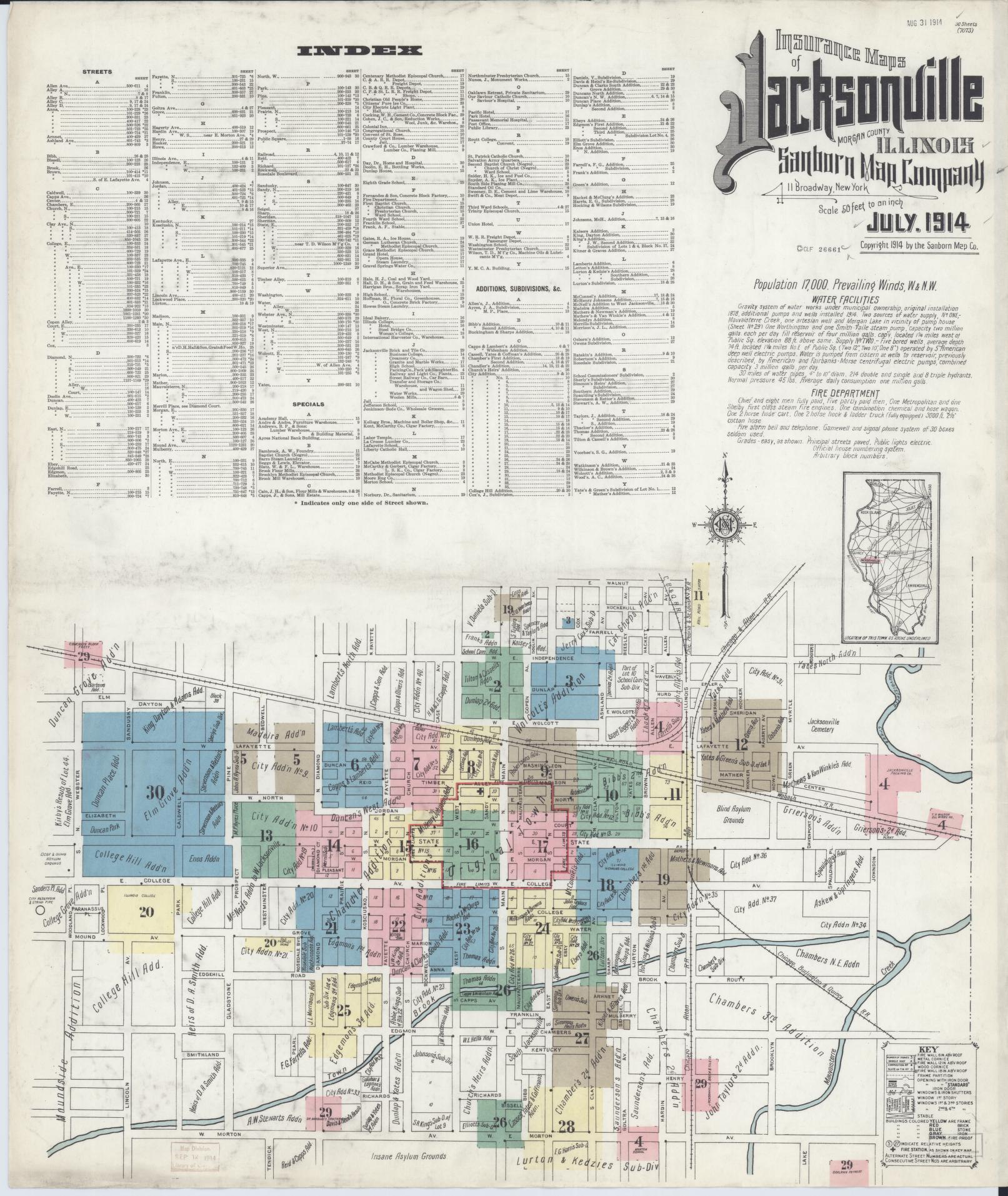Sanborn Fire Insurance Map from Jacksonville, Morgan County, Illinois (1914), Sheet #0001 - Complete Map Set gallery image, historic Sanborn map, vintage wall art, Illinois Illinois