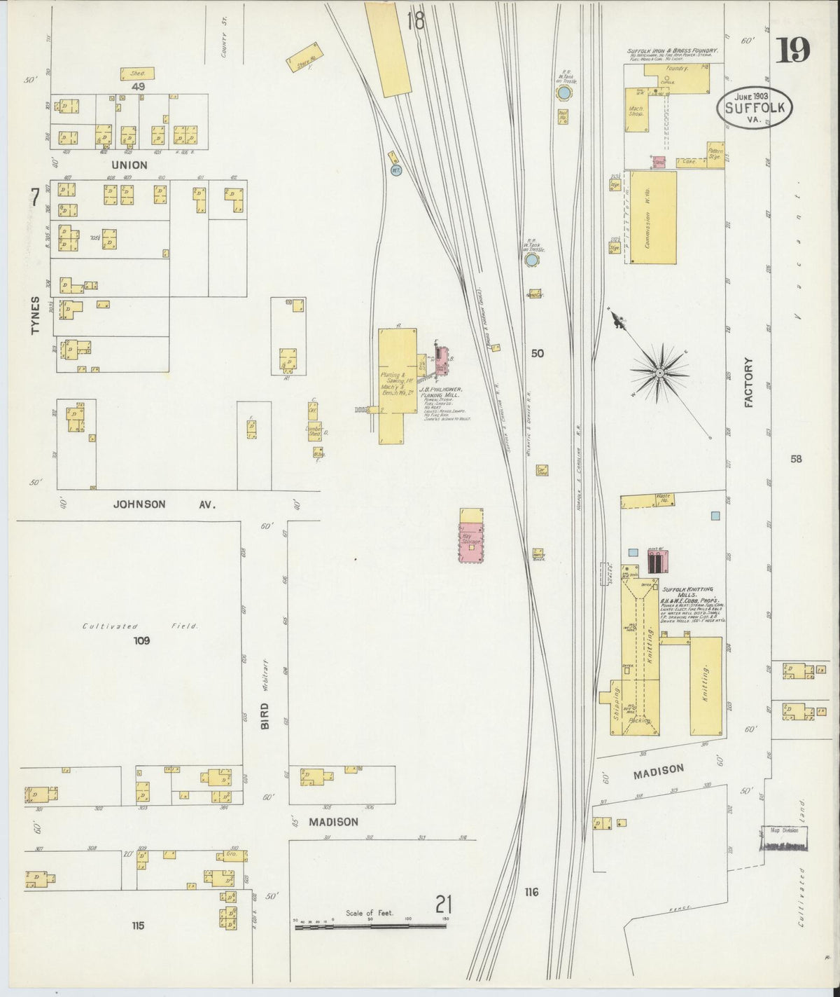 Sanborn Fire Insurance Map from Suffolk, Independent Cities, Virginia (1903), Sheet #0019 - Historic Sanborn Fire Insurance Map Print, vintage old map wall art, antique decor, genealogy gift, Virginia Virginia map