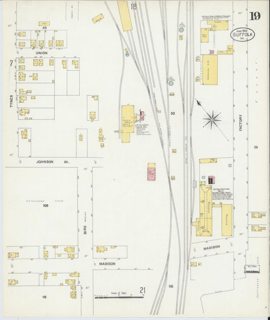Sanborn Fire Insurance Map from Suffolk, Independent Cities, Virginia (1903), Sheet #0019 - Historic Sanborn Fire Insurance Map Print, vintage old map wall art, antique decor, genealogy gift, Virginia Virginia map