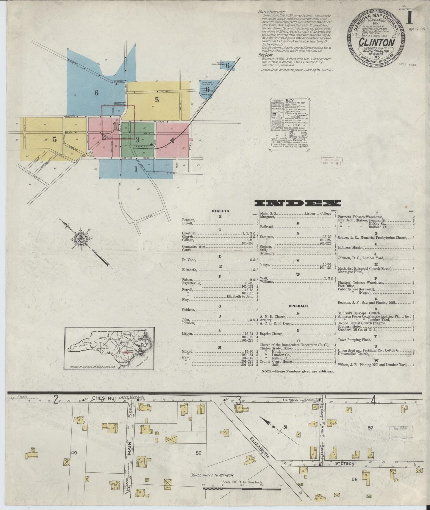 Sanborn Fire Insurance Map from Clinton, Sampson County, North Carolina (1915), Sheet #0001 - Complete Map Set gallery image, historic Sanborn map, vintage wall art, North Carolina North Carolina