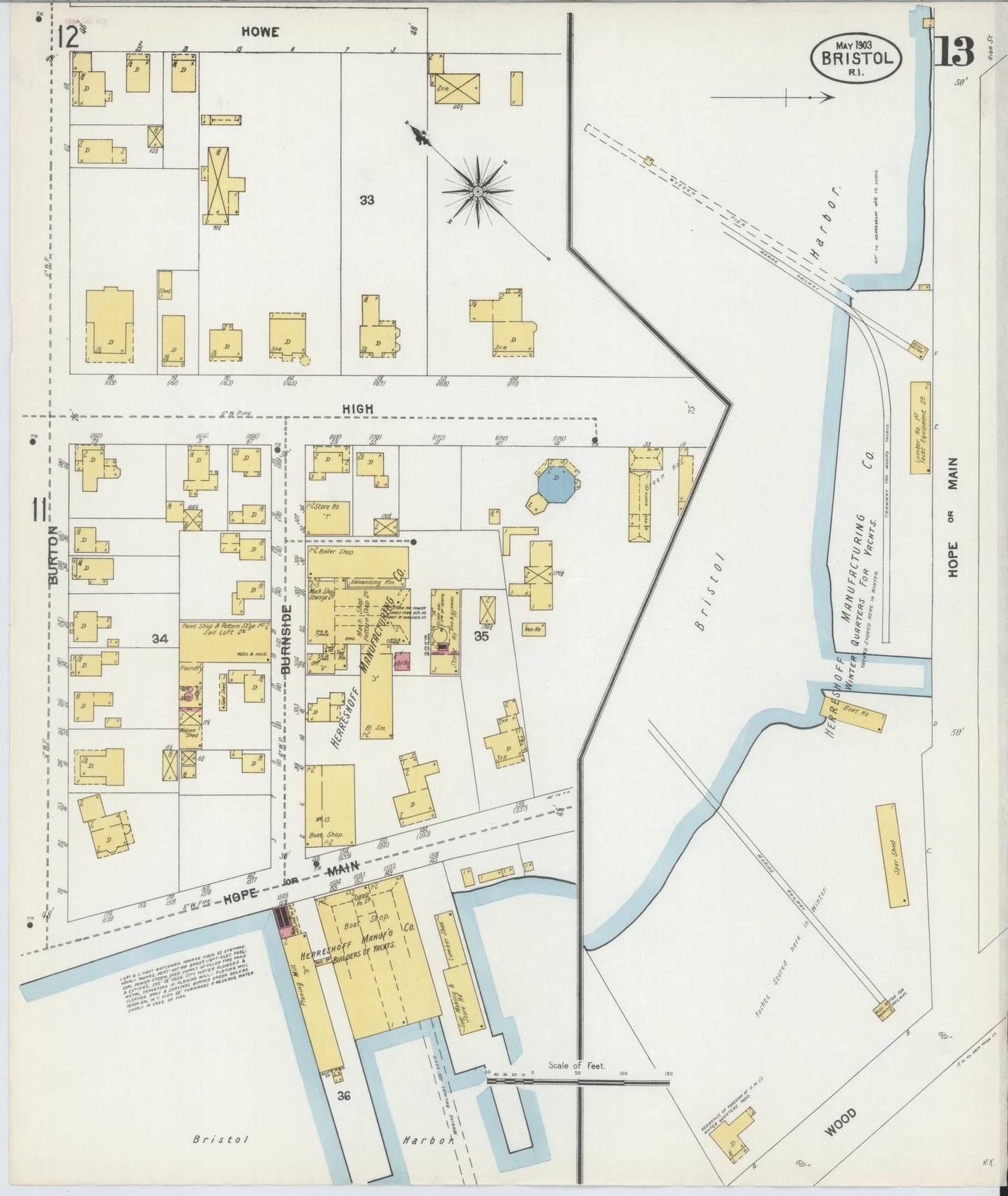 Sanborn Fire Insurance Map from Bristol, Bristol County, Rhode Island (1903), Sheet #0013 - Historic Sanborn Fire Insurance Map Print, vintage old map wall art, antique decor, genealogy gift, Rhode Island Rhode Island map