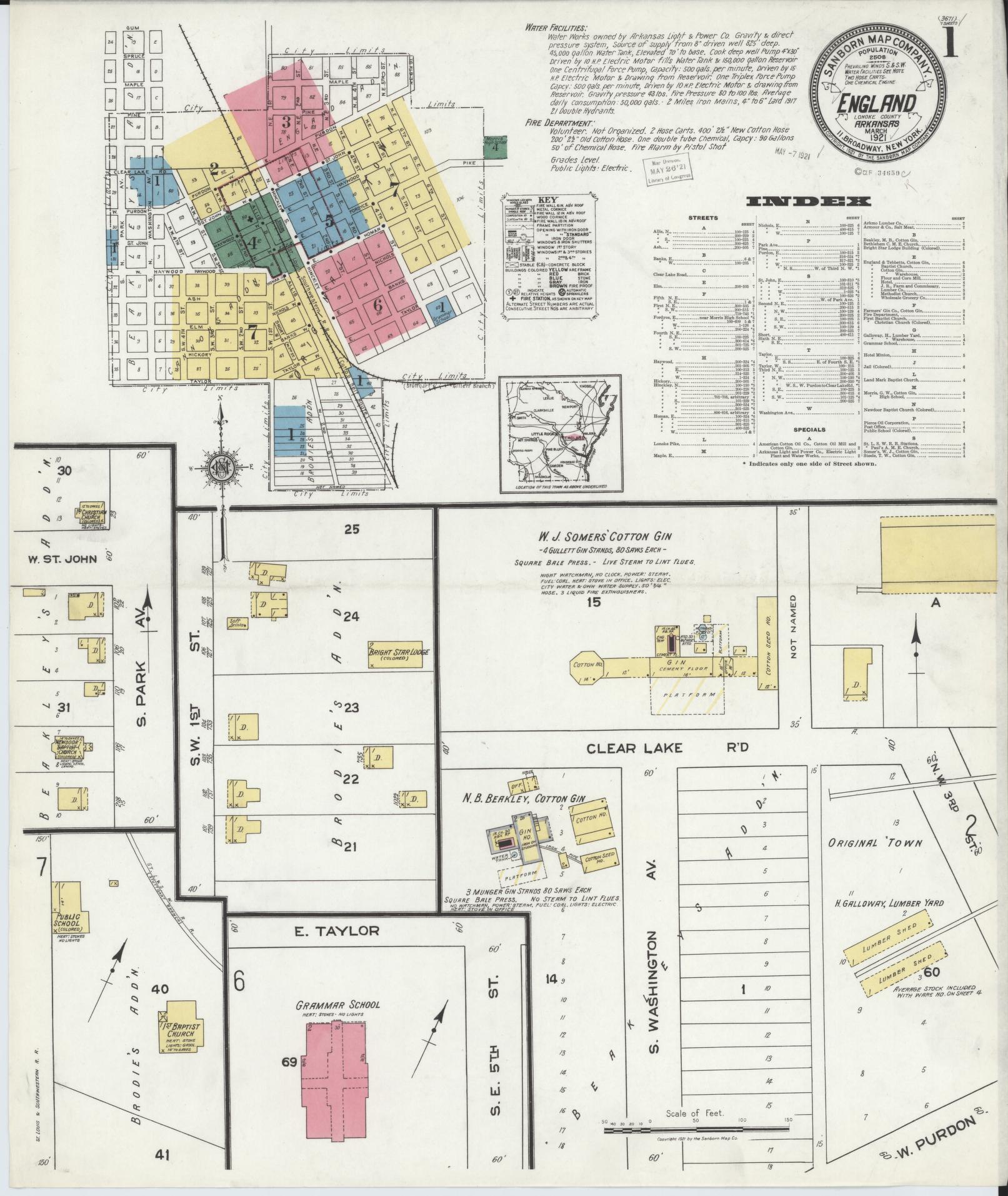 Sanborn Fire Insurance Map from England, Lonoke County, Arkansas. (1921) – Historic Sanborn Fire Insurance Map Print