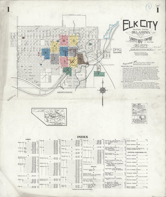 Sanborn Fire Insurance Map from Elk City, Beckham County, Oklahoma (1923), Sheet #0001 - Historic Sanborn Fire Insurance Map Print, vintage old map wall art, antique decor, genealogy gift, Oklahoma Oklahoma map