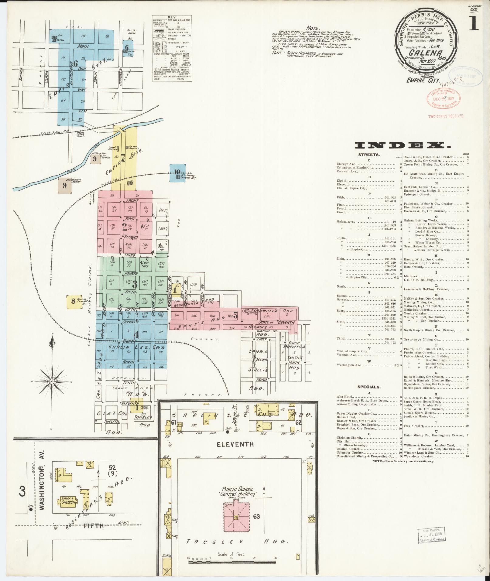 Sanborn Fire Insurance Map from Galena, Cherokee County, Kansas (1897), Sheet #0001 - Complete Map Set gallery image, historic Sanborn map, vintage wall art, Kansas Kansas