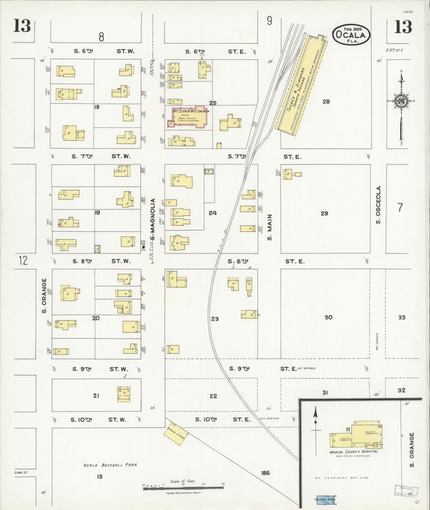 Sanborn Fire Insurance Map from Ocala, Marion County, Florida (1924), Sheet #0013 - Complete Map Set gallery image, historic Sanborn map, vintage wall art, Florida Florida