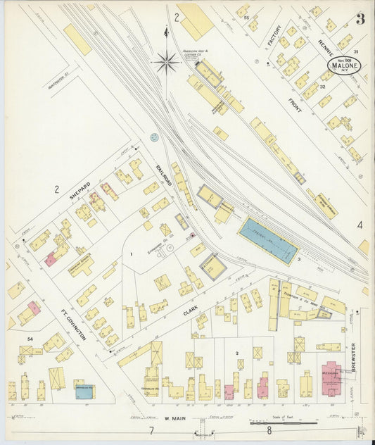 Sanborn Fire Insurance Map from Malone, Franklin County, New York (1908), Sheet #0003 - Historic Sanborn Fire Insurance Map Print, vintage old map wall art, antique decor, genealogy gift, New York New York map