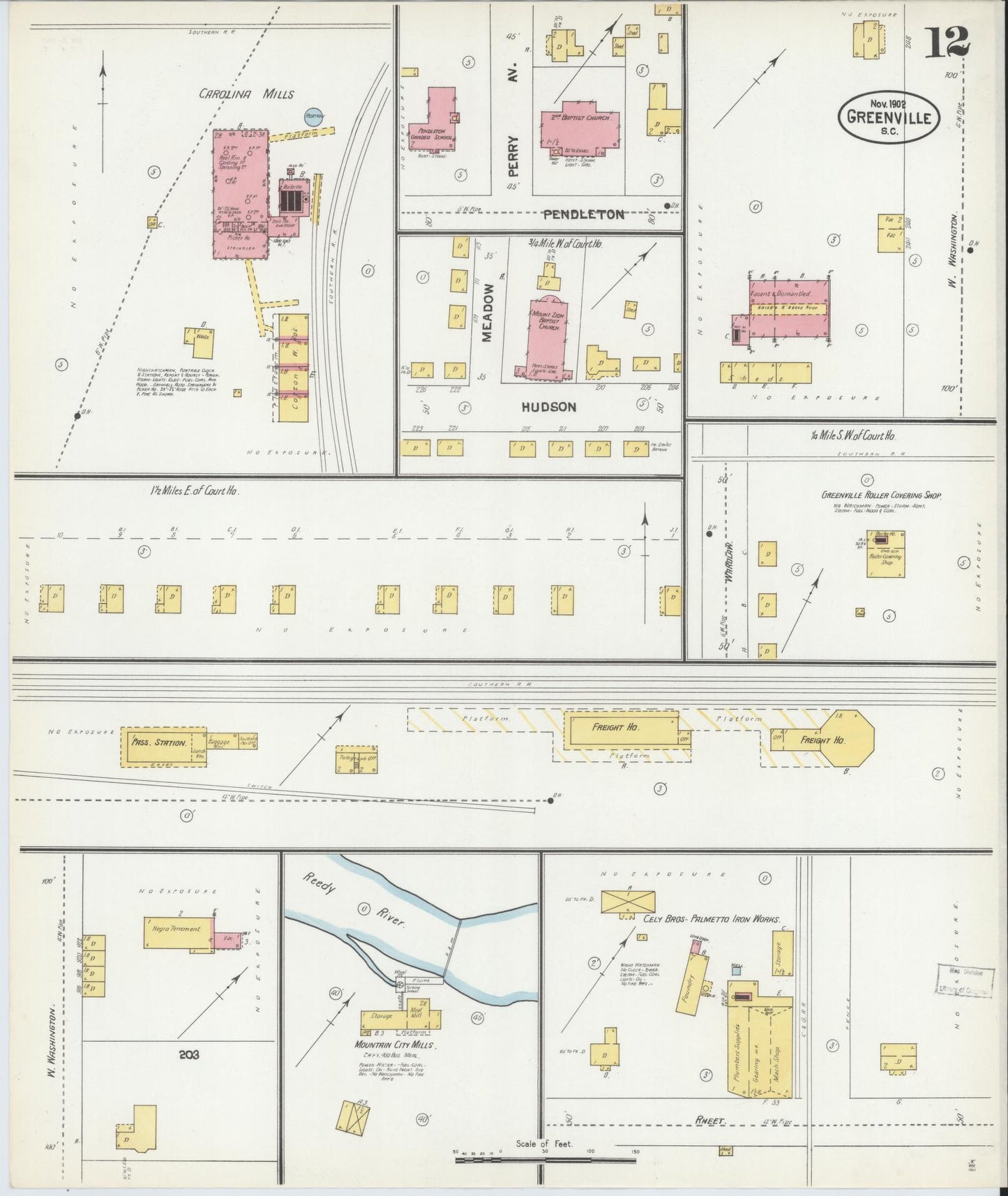 Sanborn Fire Insurance Map from Greenville, Greenville County, South Carolina (1902), Sheet #0012 - Complete Map Set gallery image, historic Sanborn map, vintage wall art, South Carolina South Carolina