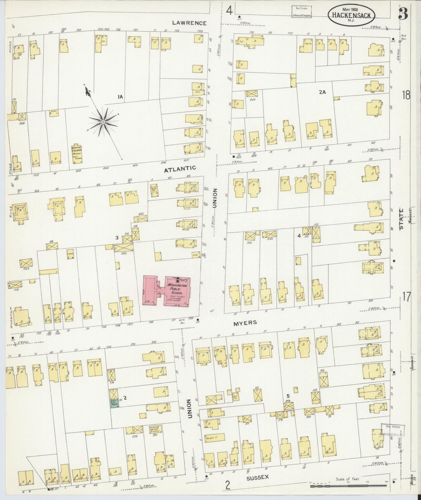 Sanborn Fire Insurance Map from Hackensack, Bergen County, New Jersey (1908), Sheet #0003 - Complete Map Set gallery image, historic Sanborn map, vintage wall art, New Jersey New Jersey