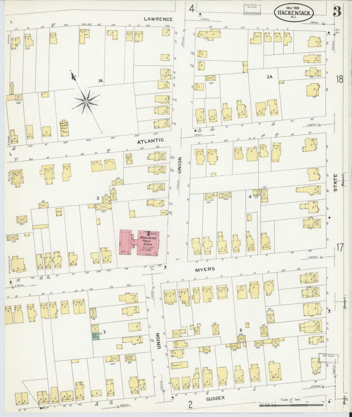 Sanborn Fire Insurance Map from Hackensack, Bergen County, New Jersey (1908), Sheet #0003 - Complete Map Set gallery image, historic Sanborn map, vintage wall art, New Jersey New Jersey
