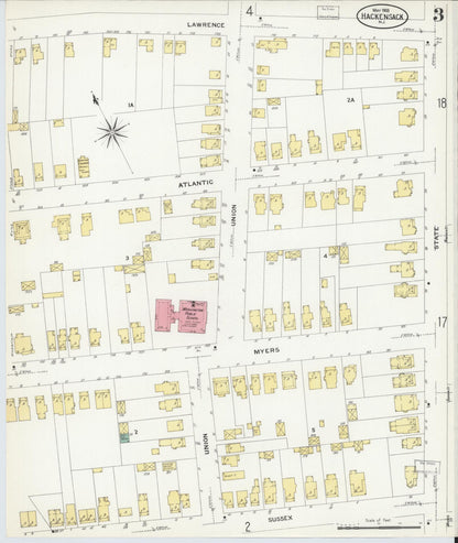 Sanborn Fire Insurance Map from Hackensack, Bergen County, New Jersey (1908), Sheet #0003 - Complete Map Set gallery image, historic Sanborn map, vintage wall art, New Jersey New Jersey