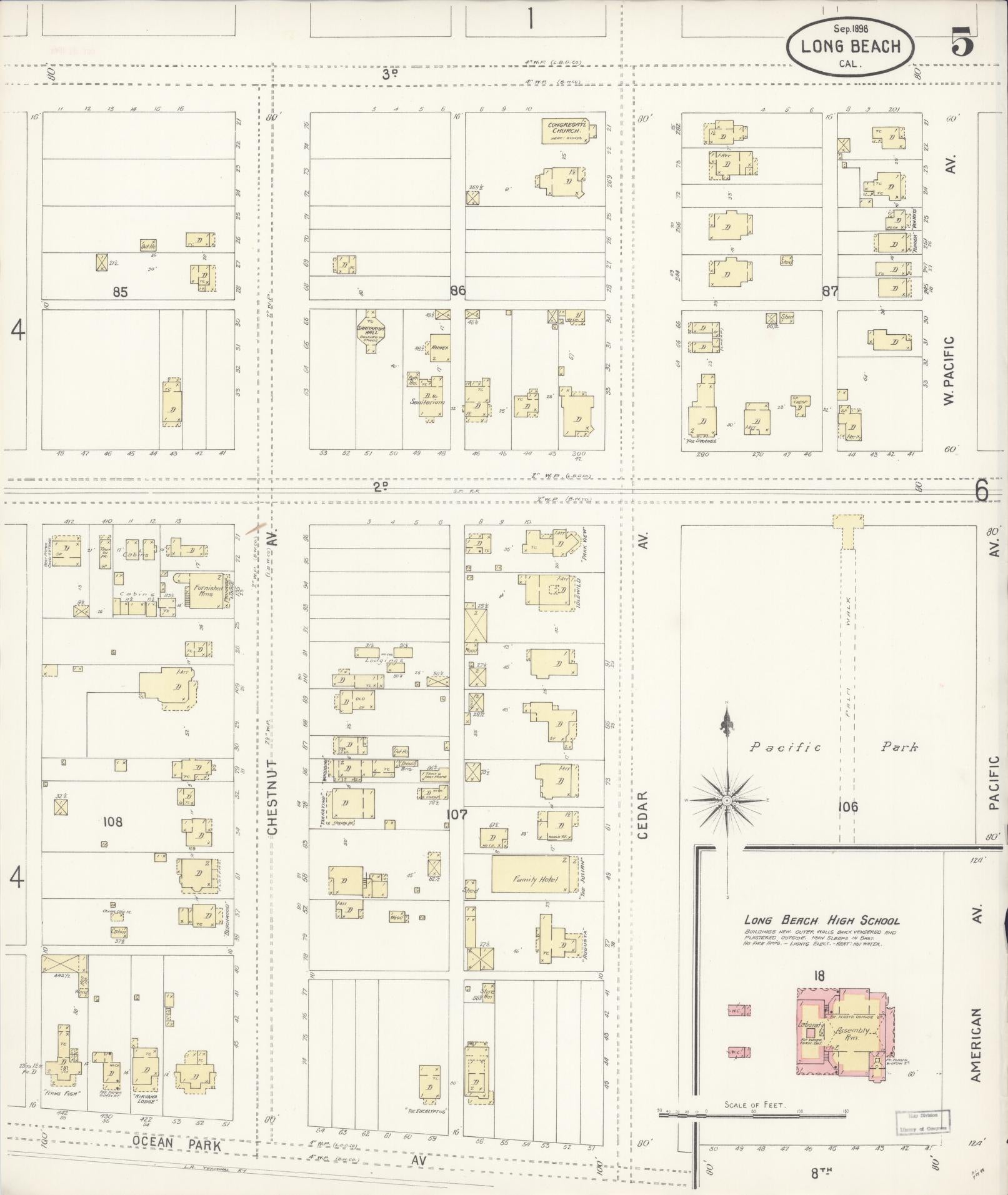 Sanborn Fire Insurance Map from Long Beach, Los Angeles County, California (1898), Sheet #0005 - Historic Sanborn Fire Insurance Map Print, vintage old map wall art, antique decor, genealogy gift, California California map