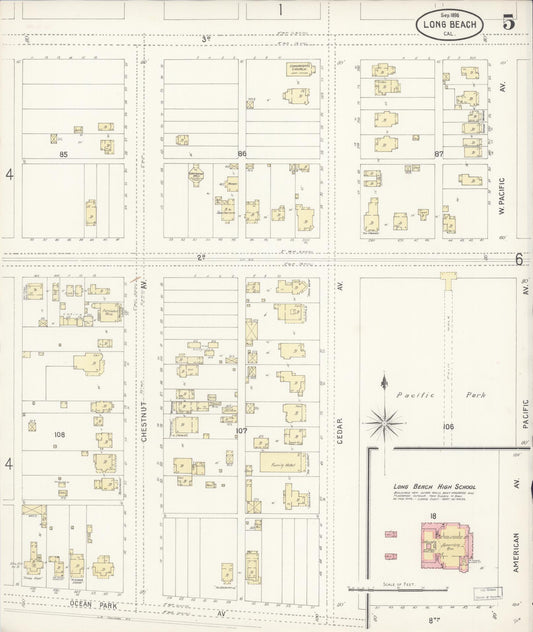 Sanborn Fire Insurance Map from Long Beach, Los Angeles County, California (1898), Sheet #0005 - Historic Sanborn Fire Insurance Map Print, vintage old map wall art, antique decor, genealogy gift, California California map