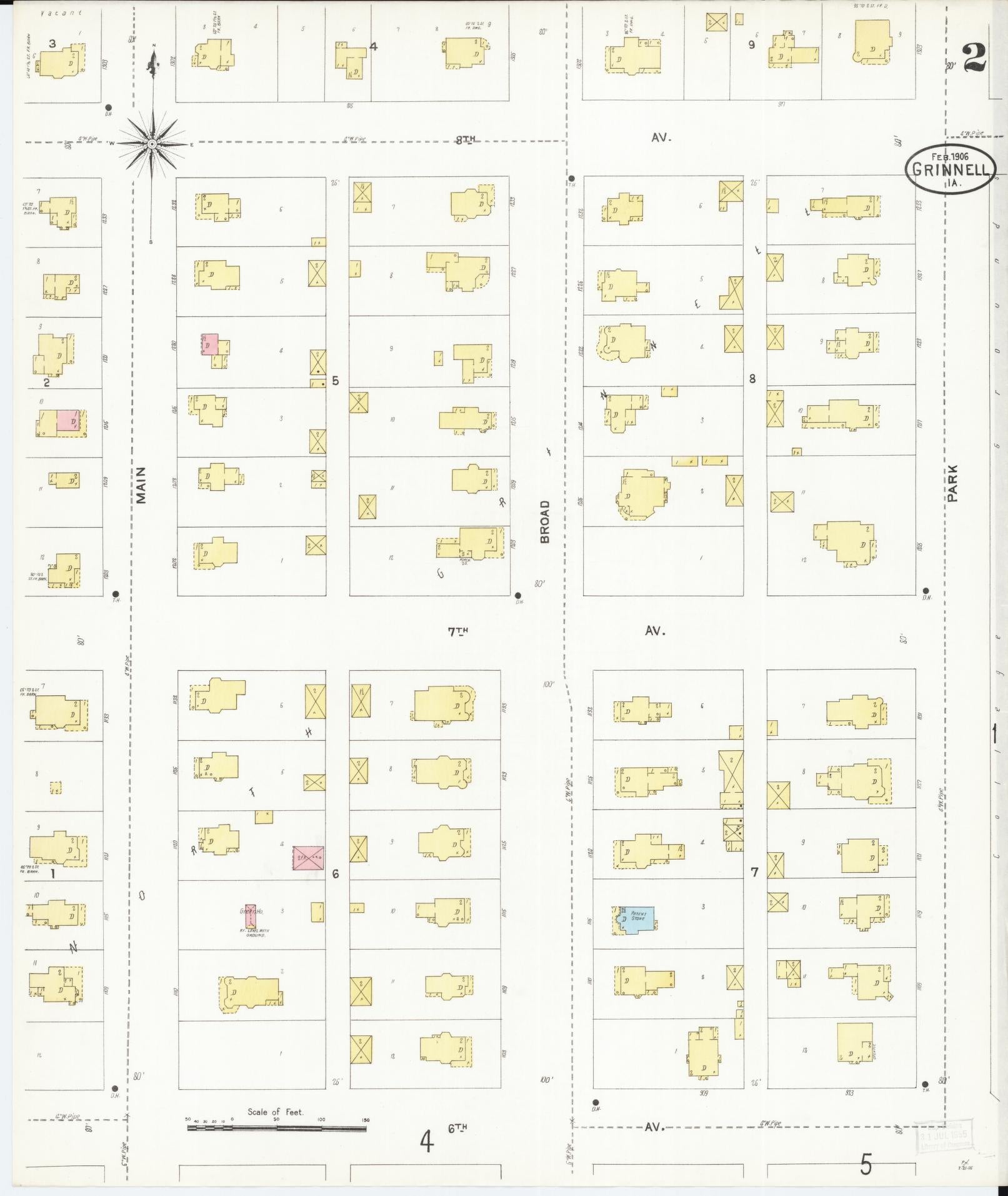 Sanborn Fire Insurance Map from Grinnell, Poweshiek County, Iowa (1906), Sheet #0002 - Historic Sanborn Fire Insurance Map Print, vintage old map wall art