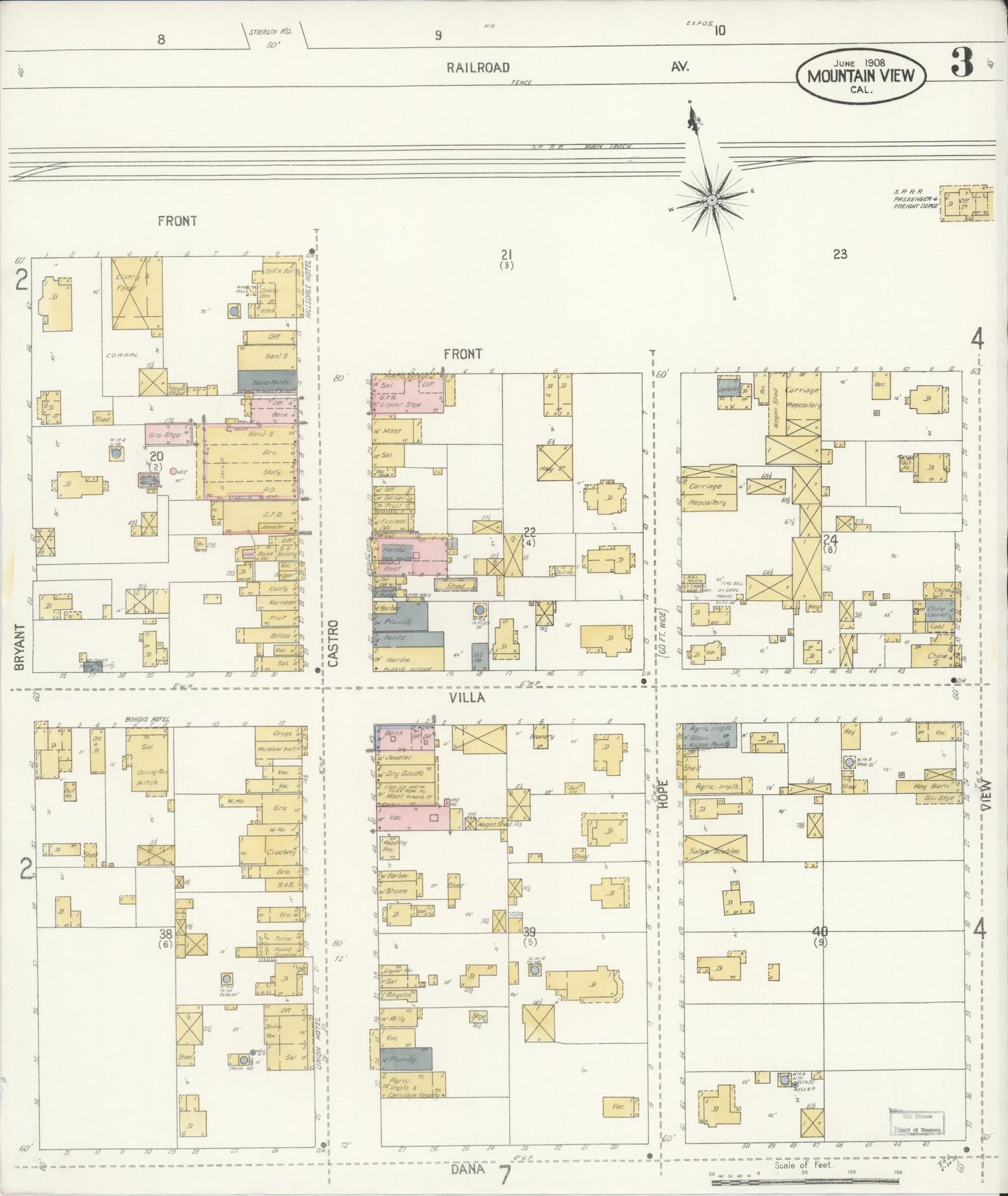 Sanborn Fire Insurance Map from Mountain View, Santa Clara County, California (1908), Sheet #0003 - Complete Map Set gallery image, historic Sanborn map, vintage wall art, California California