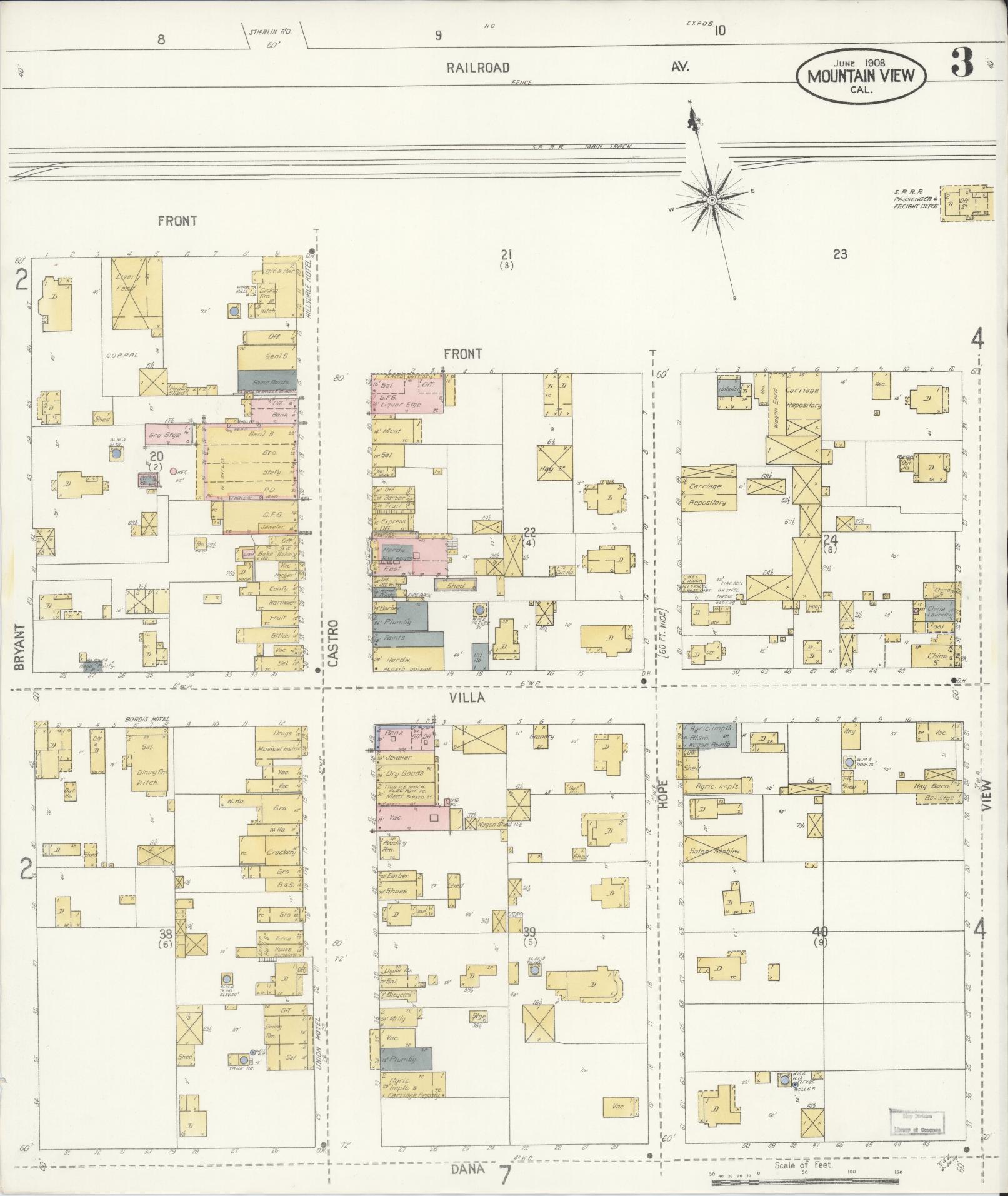 Sanborn Fire Insurance Map from Mountain View, Santa Clara County, California (1908), Sheet #0003 - Complete Map Set gallery image, historic Sanborn map, vintage wall art, California California