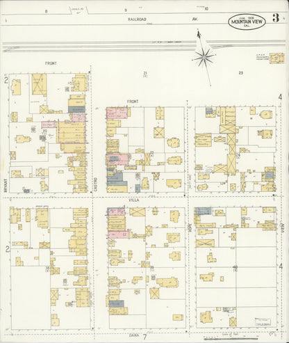 Sanborn Fire Insurance Map from Mountain View, Santa Clara County, California (1908), Sheet #0003 - Complete Map Set gallery image, historic Sanborn map, vintage wall art, California California