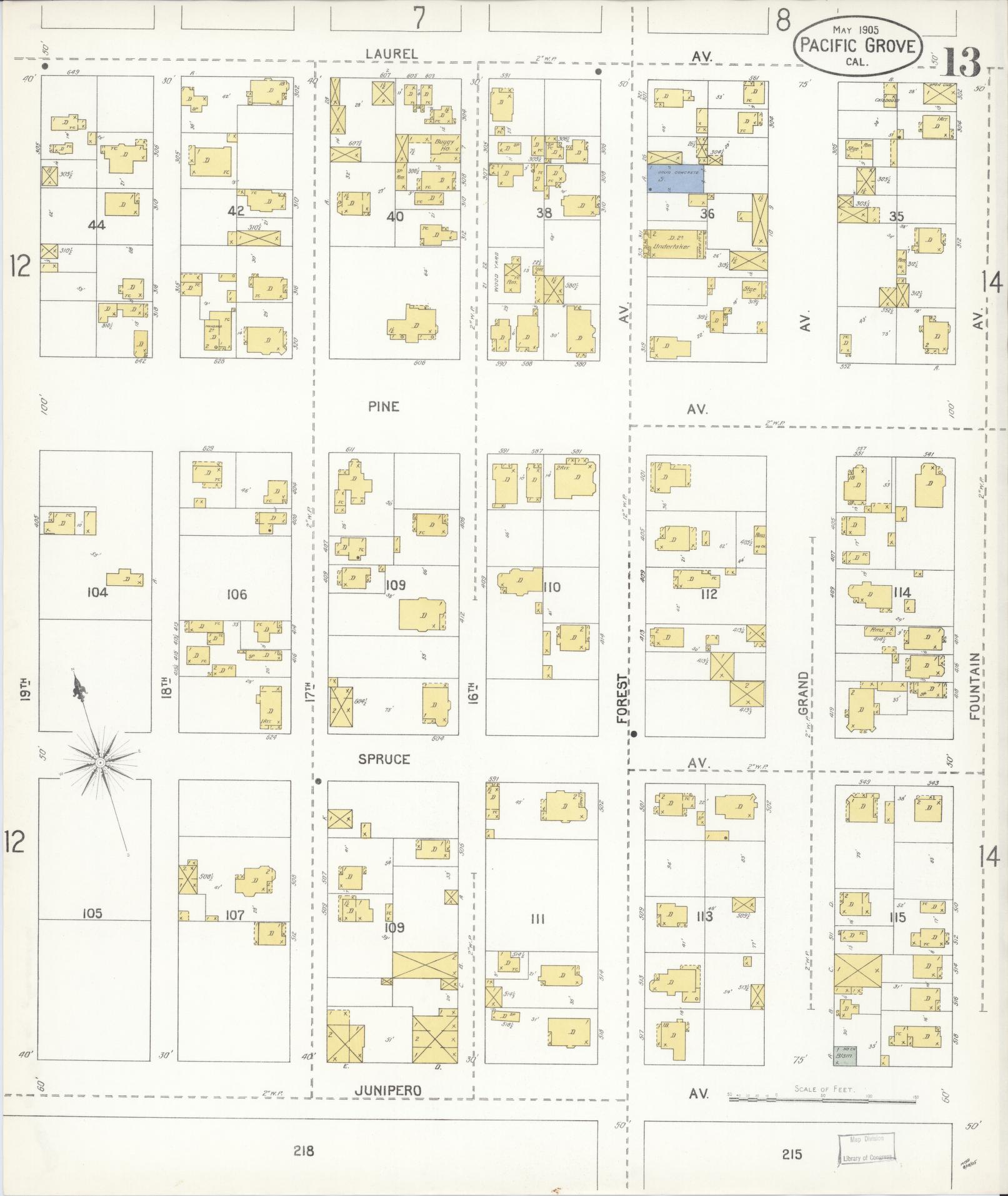Sanborn Fire Insurance Map from Pacific Grove, Monterey County, California (1905), Sheet #0013 - Complete Map Set gallery image, historic Sanborn map, vintage wall art, California California