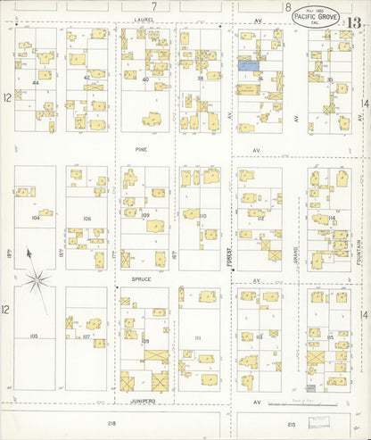 Sanborn Fire Insurance Map from Pacific Grove, Monterey County, California (1905), Sheet #0013 - Complete Map Set gallery image, historic Sanborn map, vintage wall art, California California