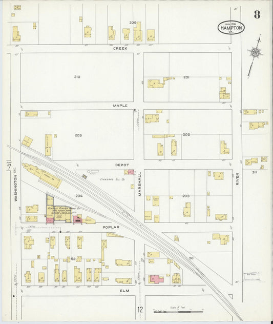 Sanborn Fire Insurance Map from Hampton, Independent Cities, Virginia (1916), Sheet #0008 - Historic Sanborn Fire Insurance Map Print, vintage old map wall art, antique decor, genealogy gift, Virginia Virginia map