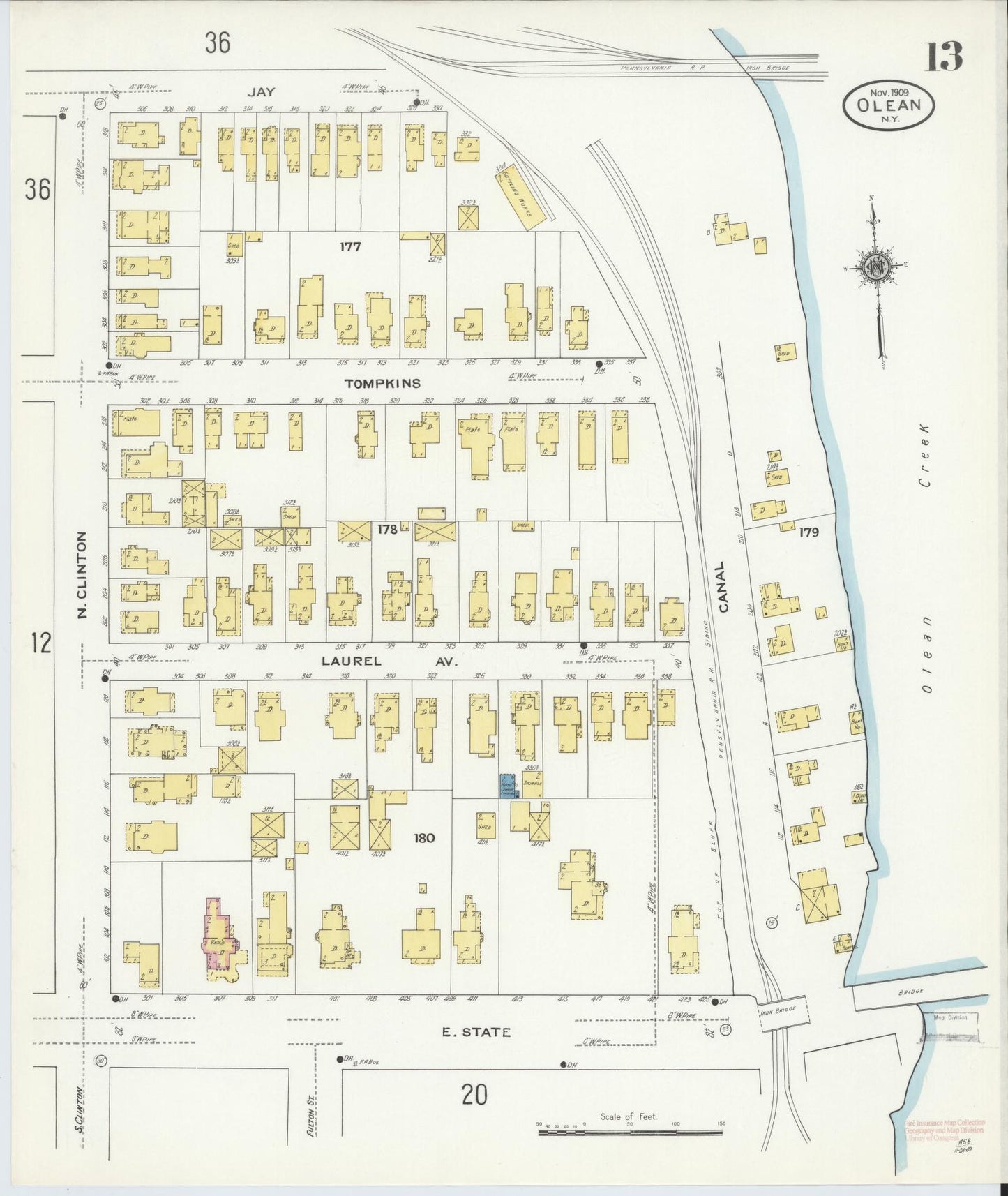 Sanborn Fire Insurance Map from Olean, Cattaraugus County, New York (1909), Sheet #0013 - Complete Map Set gallery image, historic Sanborn map, vintage wall art, New York New York