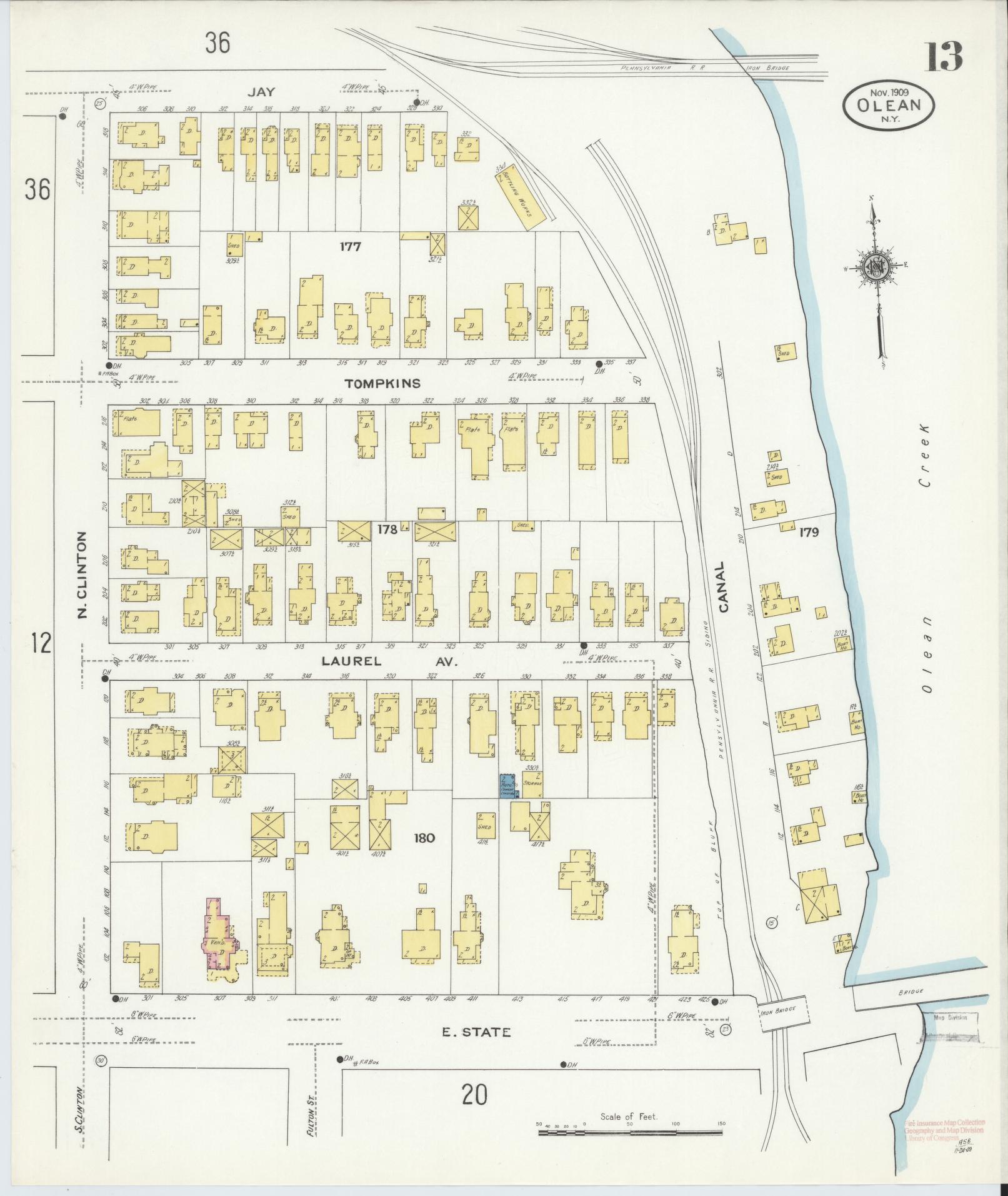 Sanborn Fire Insurance Map from Olean, Cattaraugus County, New York (1909), Sheet #0013 - Complete Map Set gallery image, historic Sanborn map, vintage wall art, New York New York