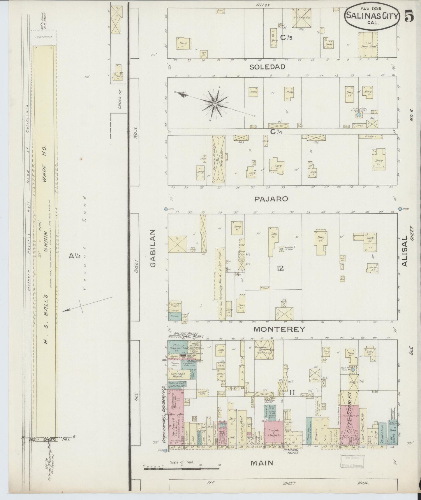 Sanborn Fire Insurance Map from Salinas, Monterey County, California (1886), Sheet #0005 - Complete Map Set gallery image, historic Sanborn map, vintage wall art, California California