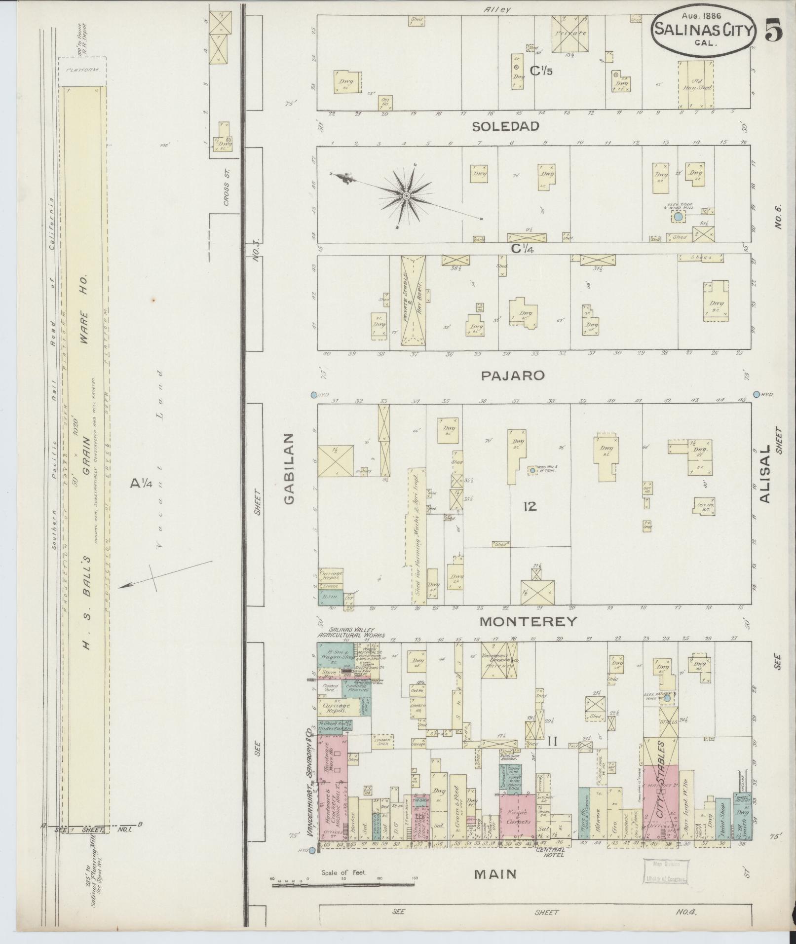 Sanborn Fire Insurance Map from Salinas, Monterey County, California (1886), Sheet #0005 - Complete Map Set gallery image, historic Sanborn map, vintage wall art, California California
