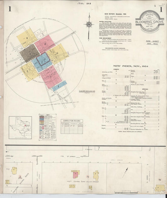 Sanborn Fire Insurance Map from Blooming Grove, Navarro County, Texas (1934), Sheet #0001 - Historic Sanborn Fire Insurance Map Print, vintage old map wall art, antique decor, genealogy gift, Texas Texas map