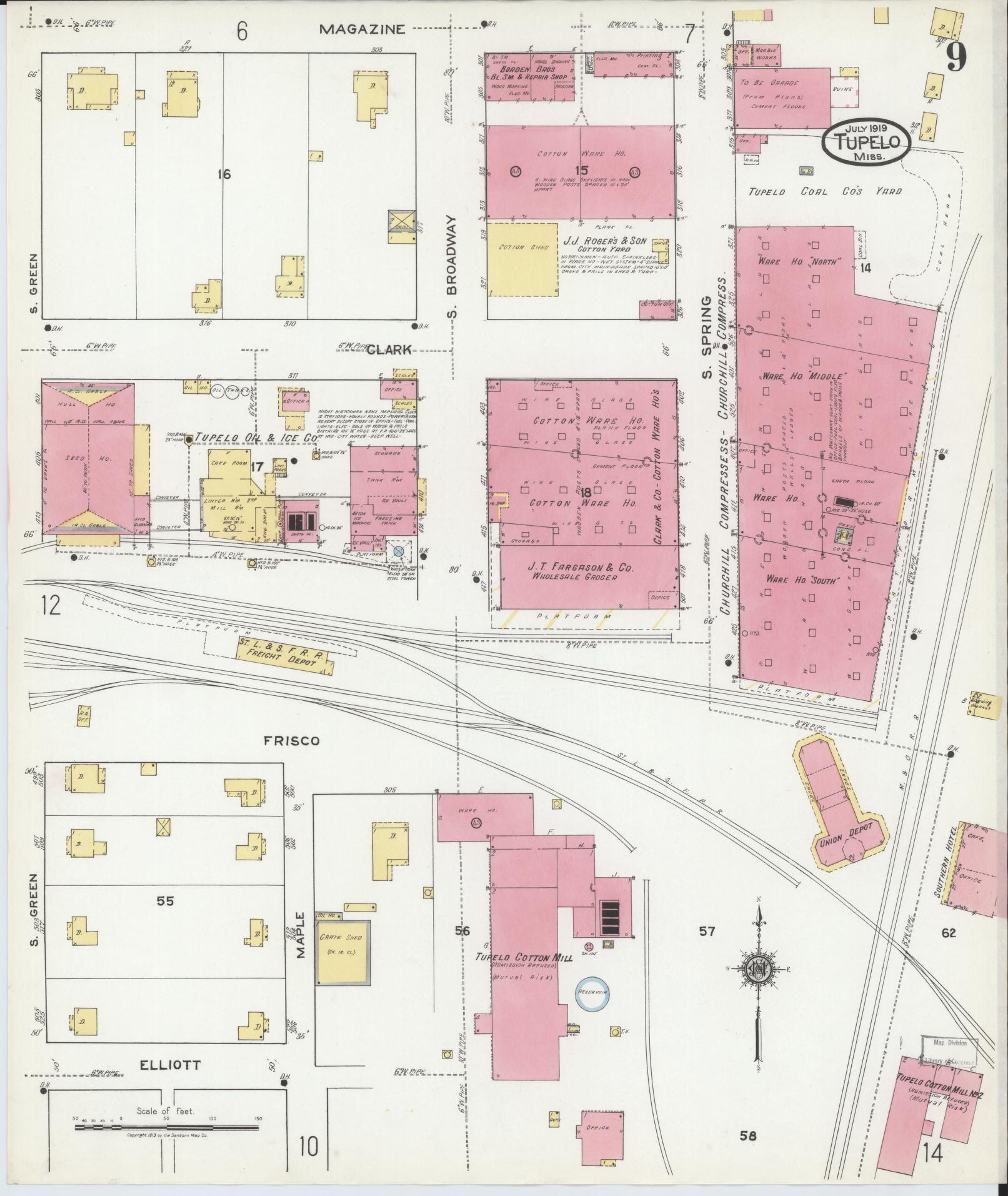 Sanborn Fire Insurance Map from Tupelo, Lee County, Mississippi (1919), Sheet #0009 - Complete Map Set gallery image, historic Sanborn map, vintage wall art, Mississippi Mississippi