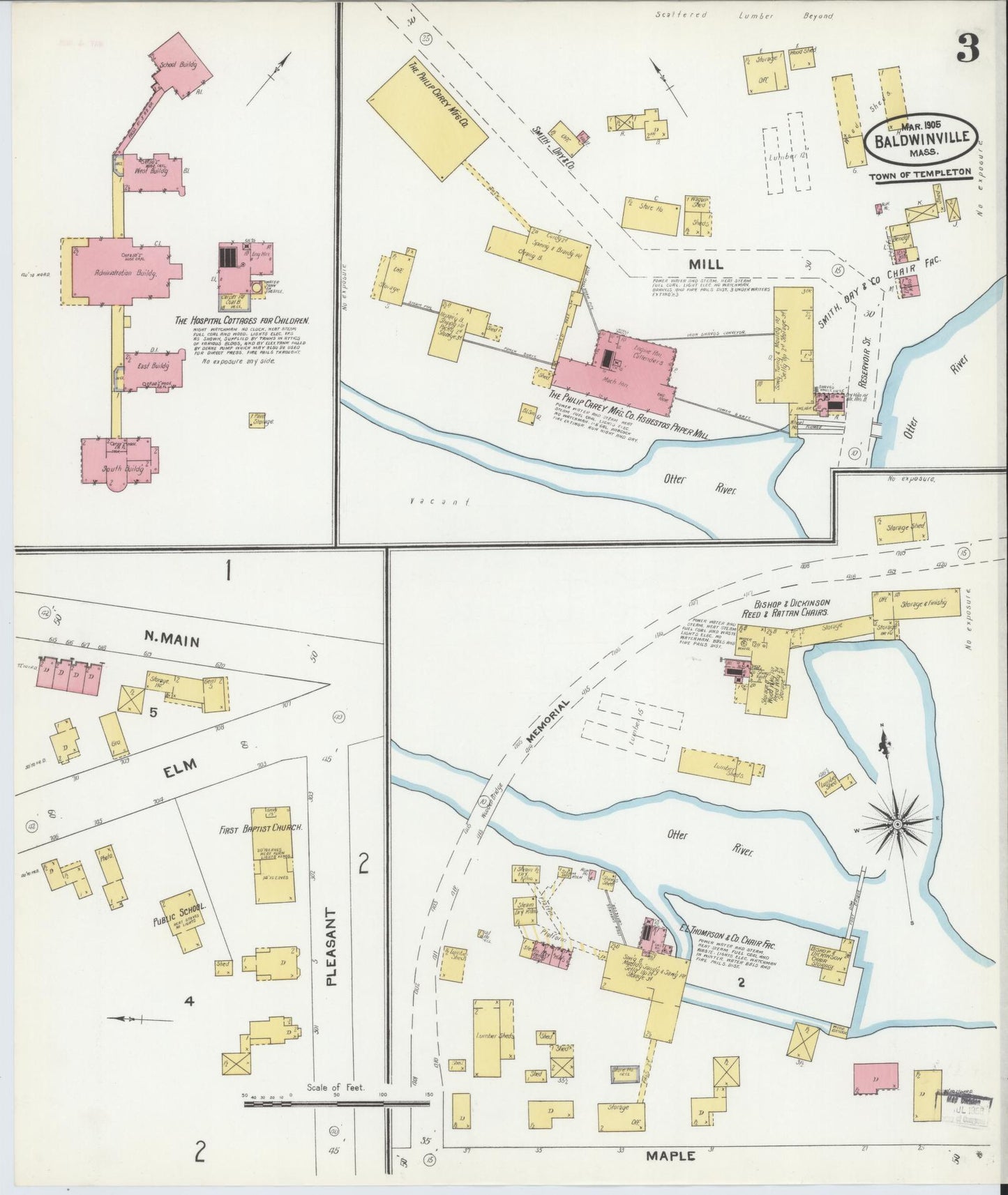 Sanborn Fire Insurance Map from Baldwinville, Worcester County, Massachusetts (1905), Sheet #0003 - Historic Sanborn Fire Insurance Map Print, vintage old map wall art, antique decor, genealogy gift, Massachusetts Massachusetts map