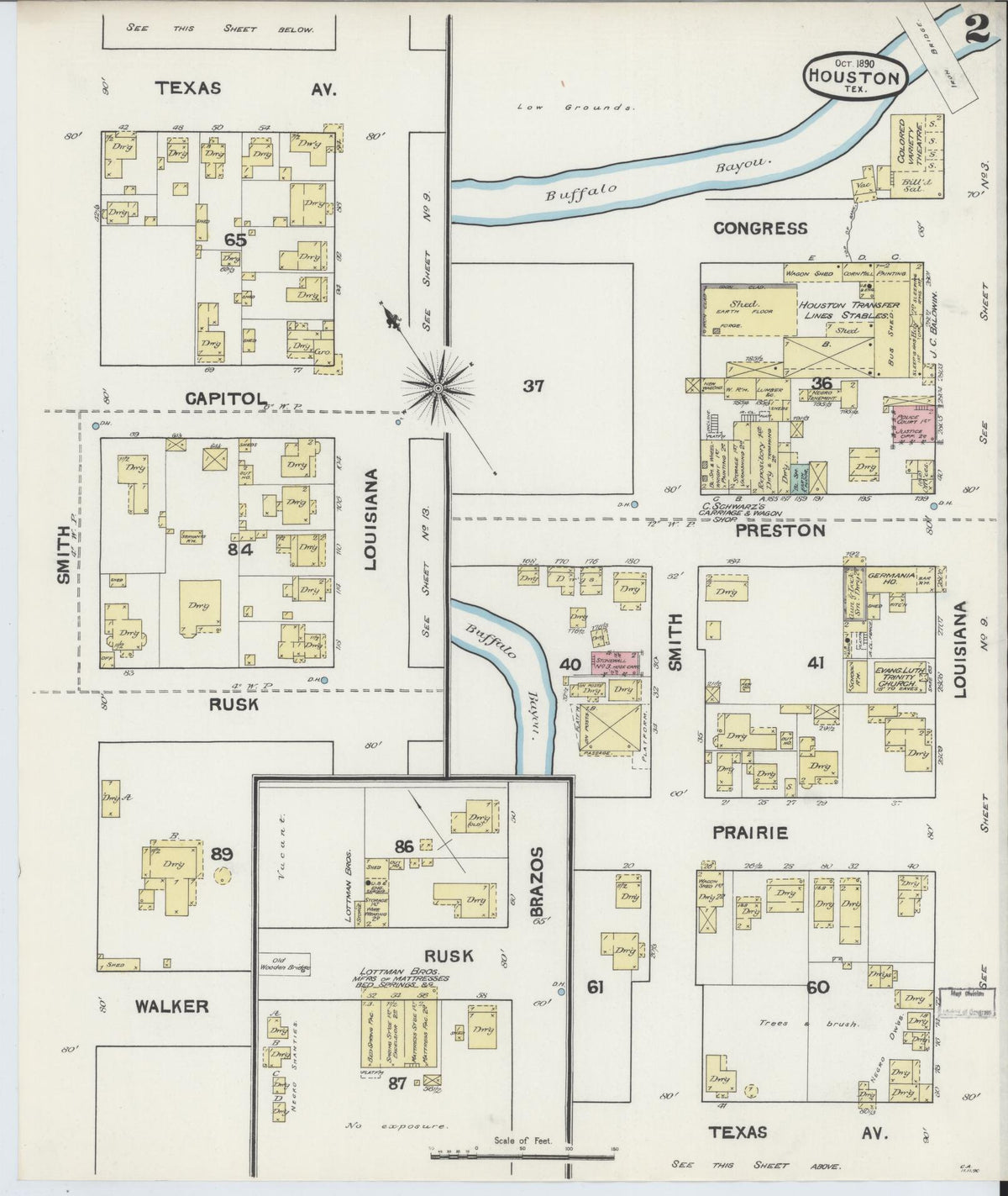 Sanborn Fire Insurance Map from Houston, Harris County, Texas (1890), Sheet #0002 - Historic Sanborn Fire Insurance Map Print, vintage old map wall art, antique decor, genealogy gift, Texas Texas map