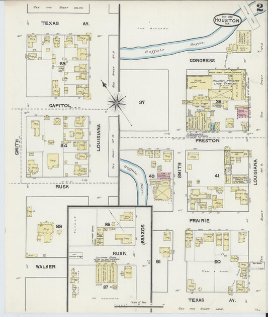 Sanborn Fire Insurance Map from Houston, Harris County, Texas (1890), Sheet #0002 - Historic Sanborn Fire Insurance Map Print, vintage old map wall art, antique decor, genealogy gift, Texas Texas map