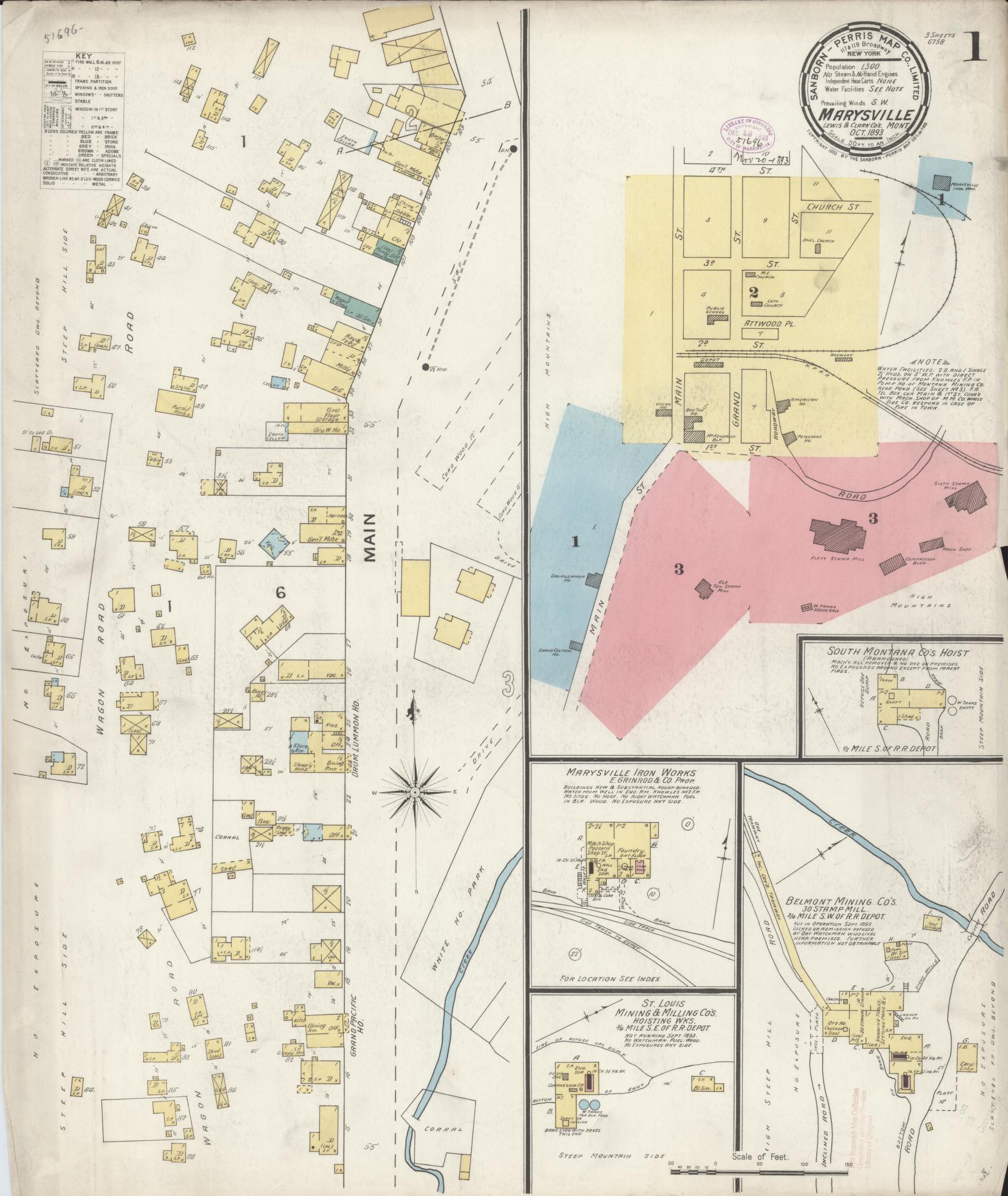 Sanborn Fire Insurance Map from Marysville, Lewis And Clark County, Montana (1893), Sheet #0001 - Historic Sanborn Fire Insurance Map Print, vintage old map wall art, antique decor, genealogy gift, Montana Montana map