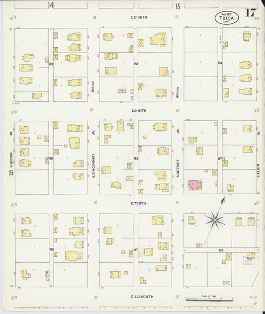 Sanborn Fire Insurance Map from Tulsa, Tulsa County, Oklahoma (1907), Sheet #0017 - Historic Sanborn Fire Insurance Map Print, vintage old map wall art, antique decor, genealogy gift, Oklahoma Oklahoma map