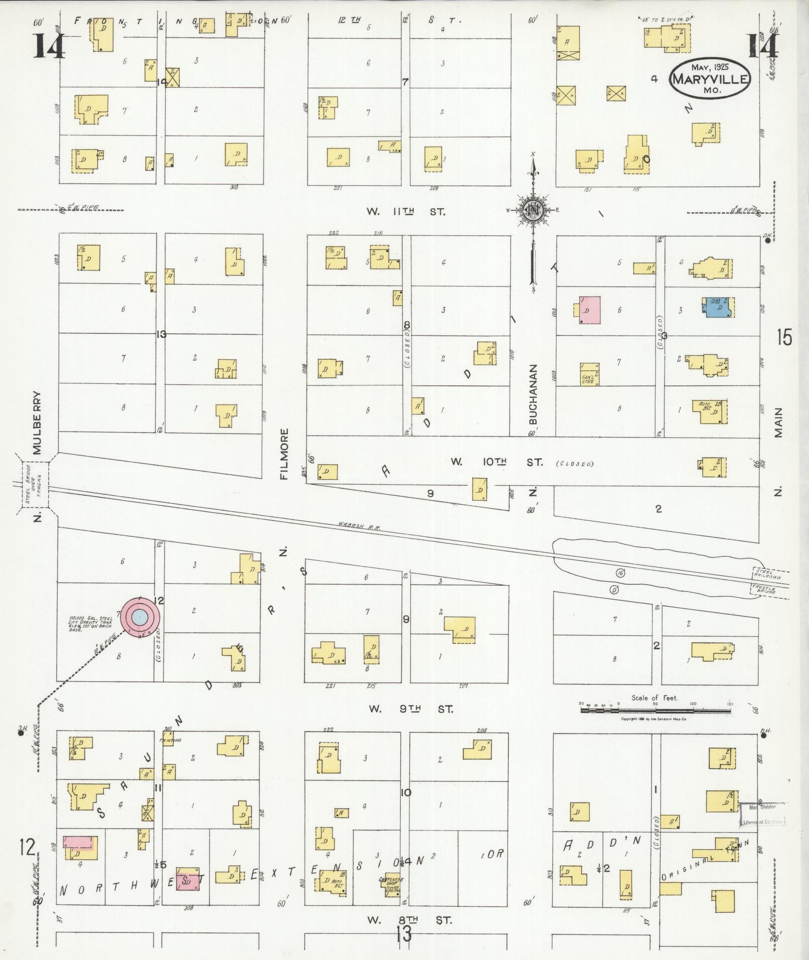 Sanborn Fire Insurance Map from Maryville, Nodaway County, Missouri (1925), Sheet #0014 - Historic Sanborn Fire Insurance Map Print, vintage old map wall art, antique decor, genealogy gift, Missouri Missouri map