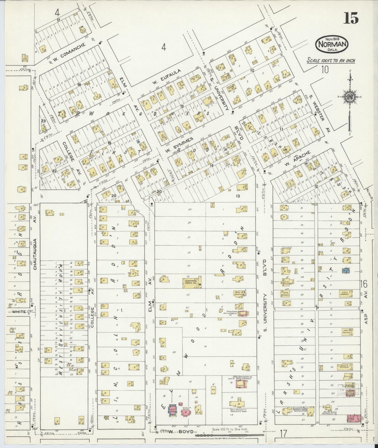 Sanborn Fire Insurance Map from Norman, Cleveland County, Oklahoma (1918), Sheet #0015 - Complete Map Set gallery image, historic Sanborn map, vintage wall art, Oklahoma Oklahoma