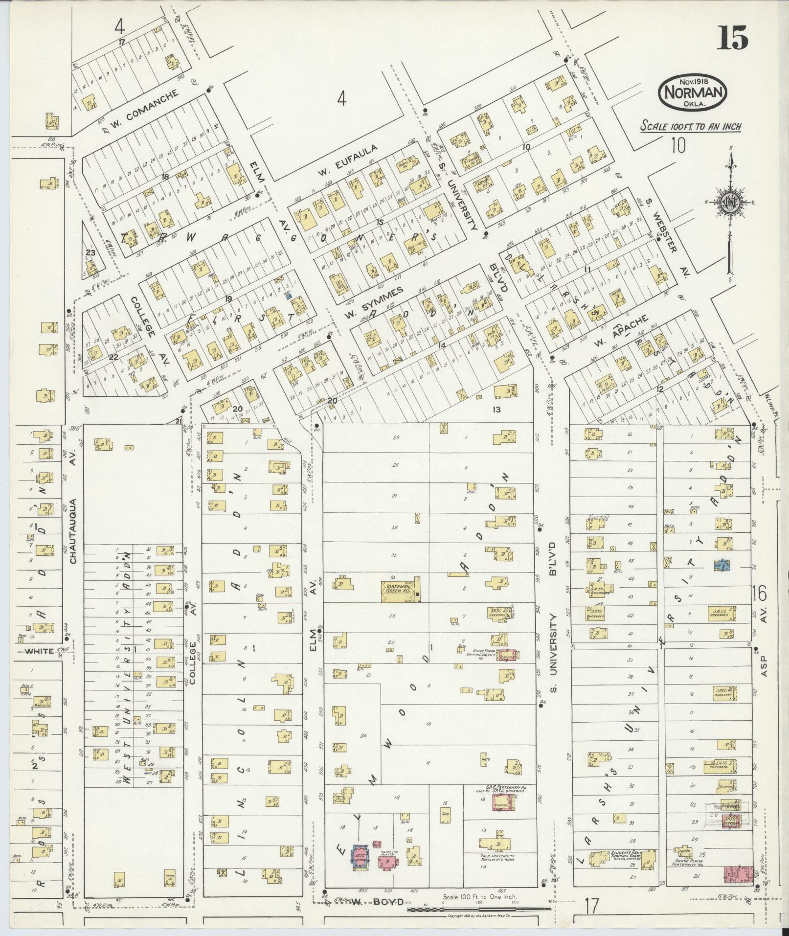 Sanborn Fire Insurance Map from Norman, Cleveland County, Oklahoma (1918), Sheet #0015 - Complete Map Set gallery image, historic Sanborn map, vintage wall art, Oklahoma Oklahoma