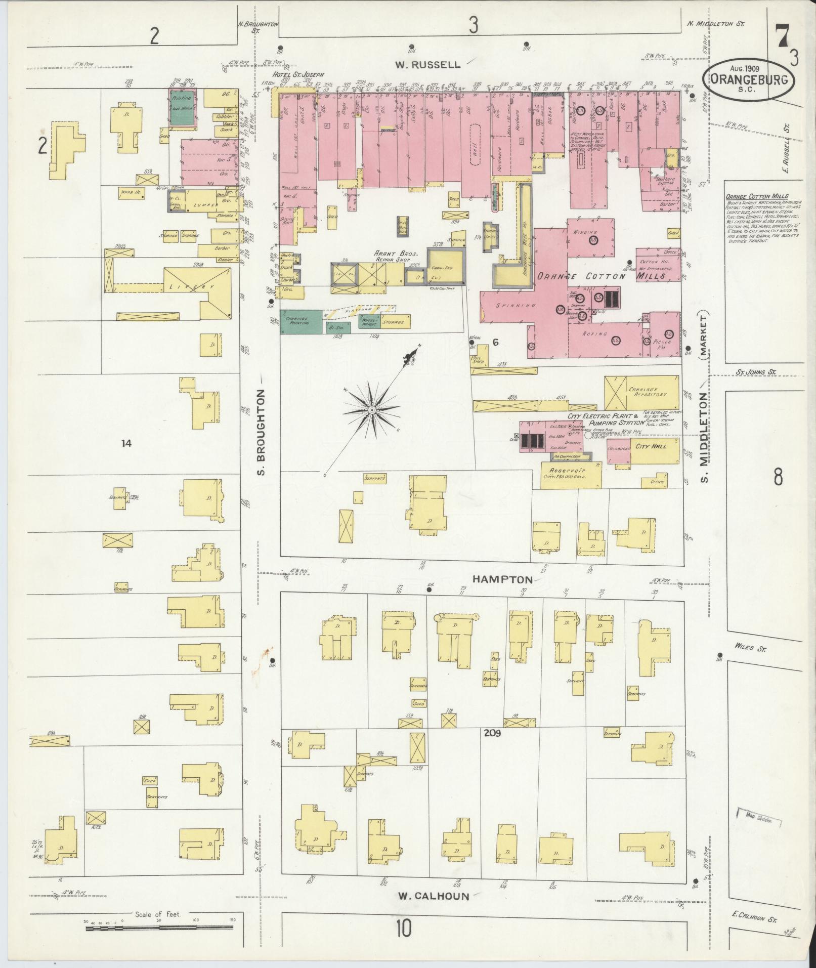 Sanborn Fire Insurance Map from Orangeburg, Orangeburg County, South Carolina (1909), Sheet #0007 - Complete Map Set gallery image, historic Sanborn map, vintage wall art, South Carolina South Carolina