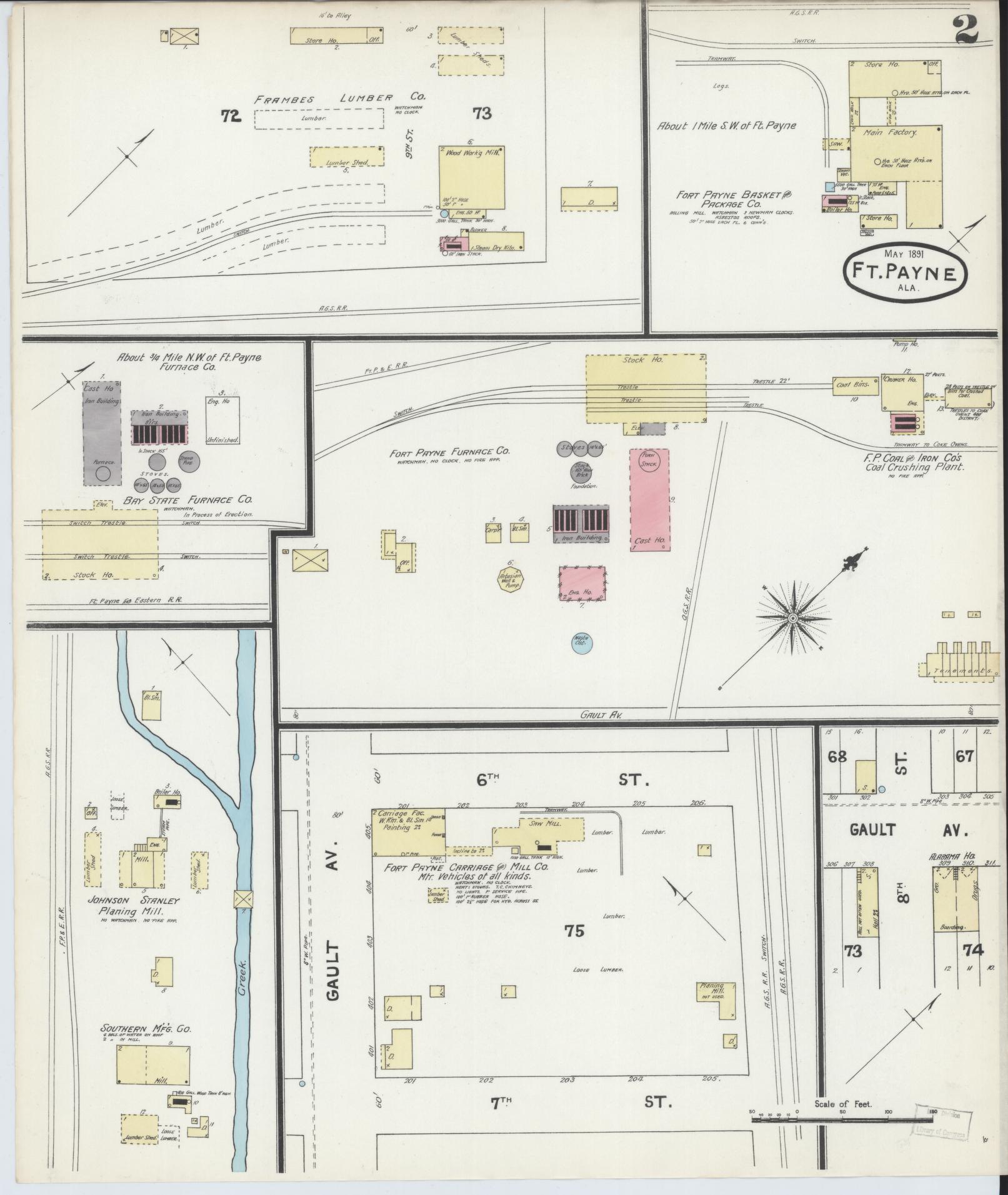 Sanborn Fire Insurance Map from Fort Payne, Dekalb County, Alabama (1891), Sheet #0002 - Historic Sanborn Fire Insurance Map Print, vintage old map wall art, antique decor, genealogy gift, Alabama Alabama map
