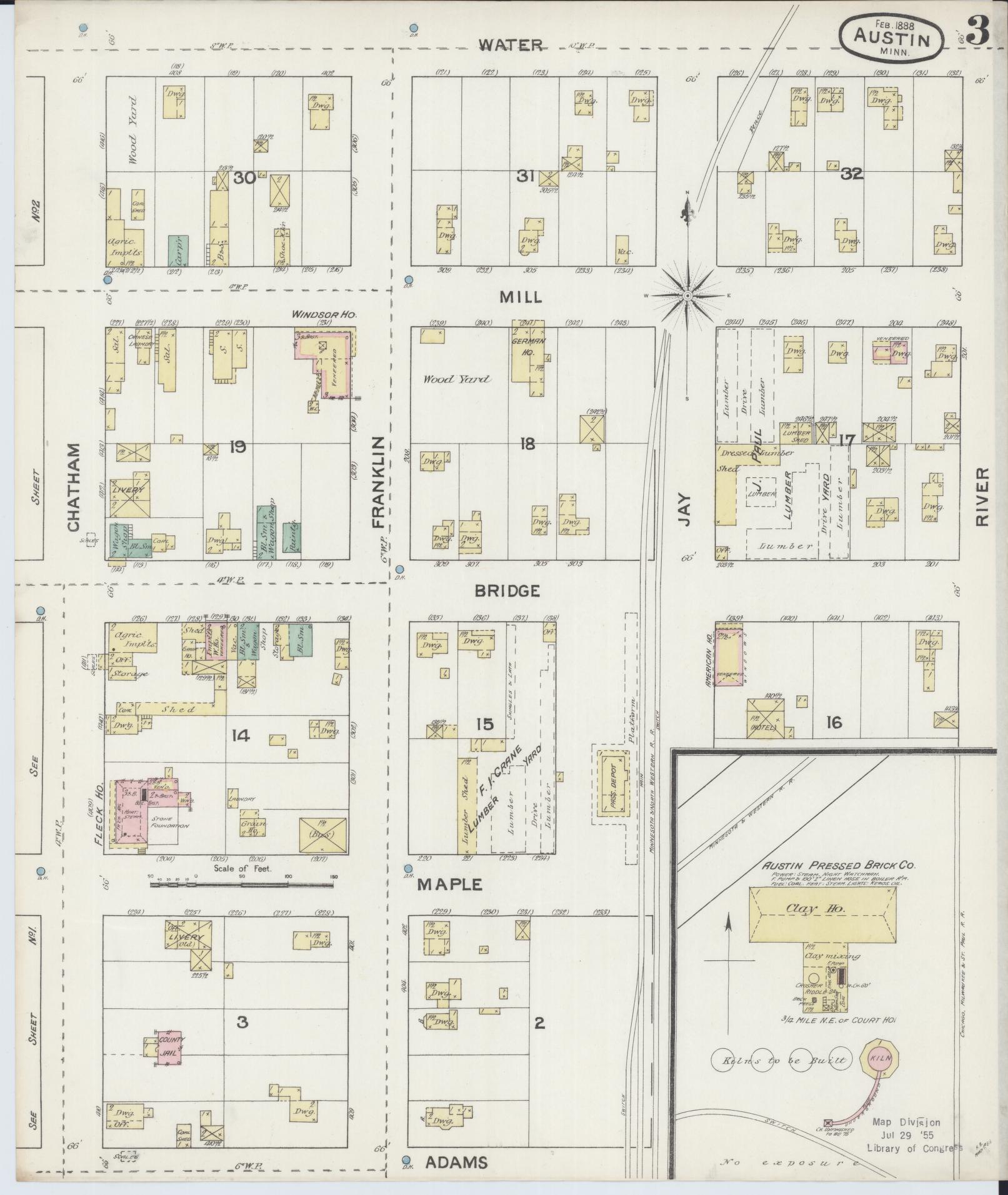 Sanborn Fire Insurance Map from Austin, Mower County, Minnesota (1888), Sheet #0003 - Complete Map Set gallery image, historic Sanborn map, vintage wall art, Minnesota Minnesota