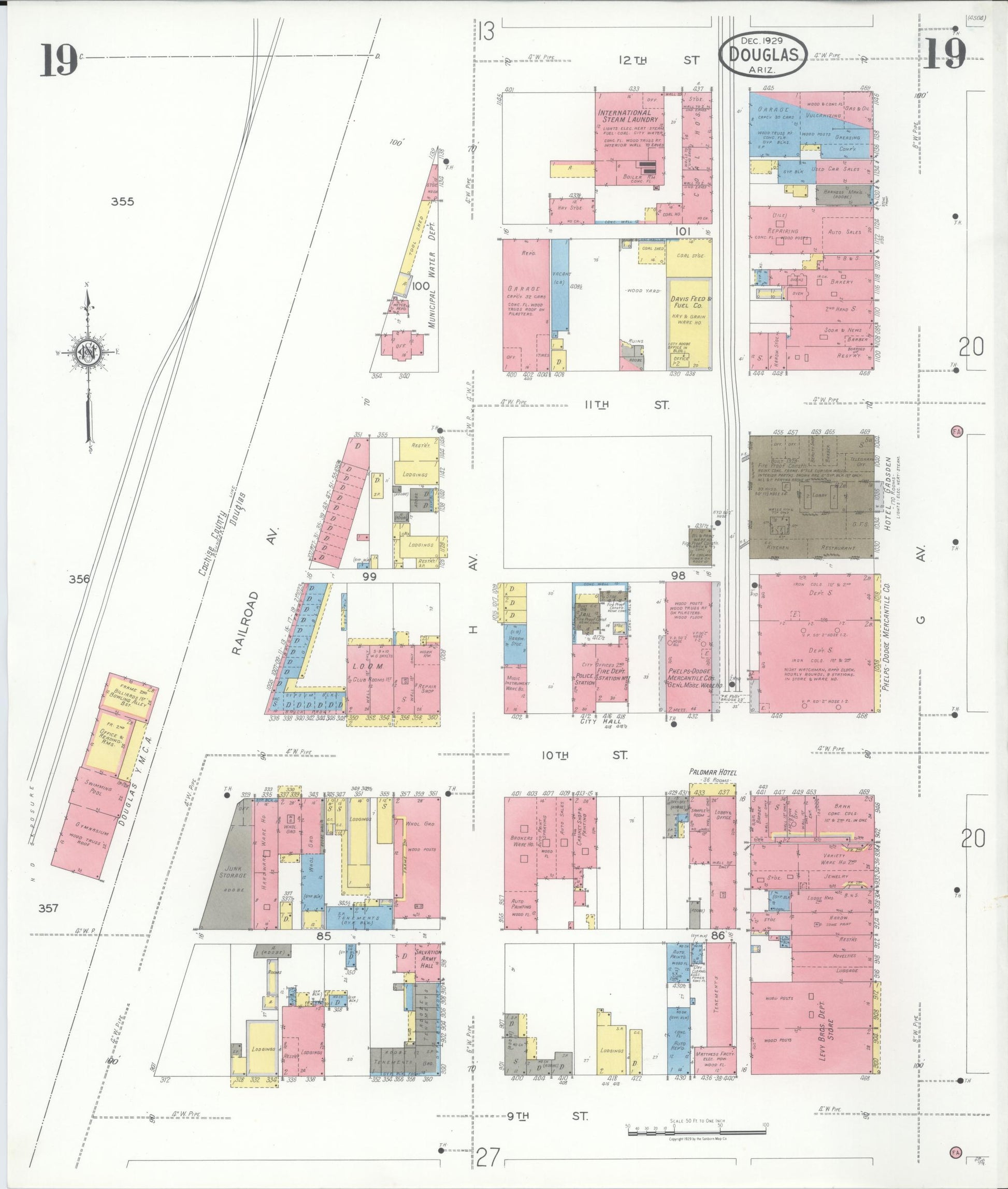 Sanborn Fire Insurance Map from Douglas, Cochise County, Arizona (1929), Sheet #0019 - Historic Sanborn Fire Insurance Map Print, vintage old map wall art, antique decor, genealogy gift, Arizona Arizona map