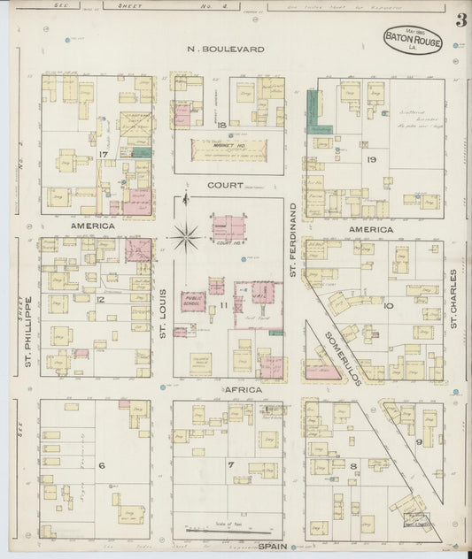 Sanborn Fire Insurance Map from Baton Rouge, East Baton Rouge Parish, Louisiana (1885), Sheet #0003 - Historic Sanborn Fire Insurance Map Print, vintage old map wall art, antique decor, genealogy gift, Louisiana Louisiana map