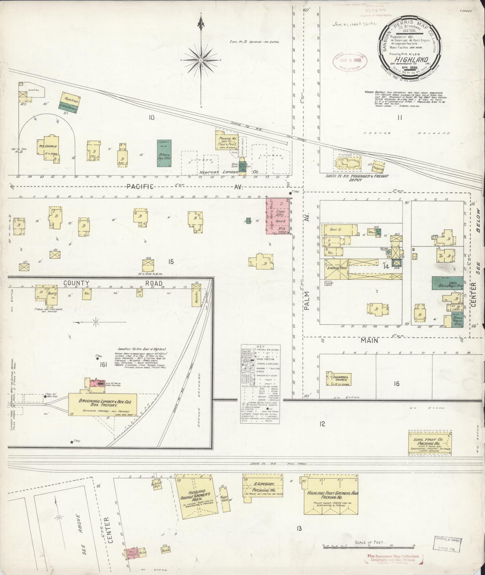 Sanborn Fire Insurance Map from Highland, San Bernardino County, California (1899), Sheet #0001 - Historic Sanborn Fire Insurance Map Print, vintage old map wall art, antique decor, genealogy gift, California California map