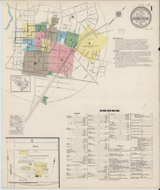 Sanborn Fire Insurance Map from Orangeburg, Orangeburg County, South Carolina (1915), Sheet #0001 - Complete Map Set gallery image, historic Sanborn map, vintage wall art, South Carolina South Carolina