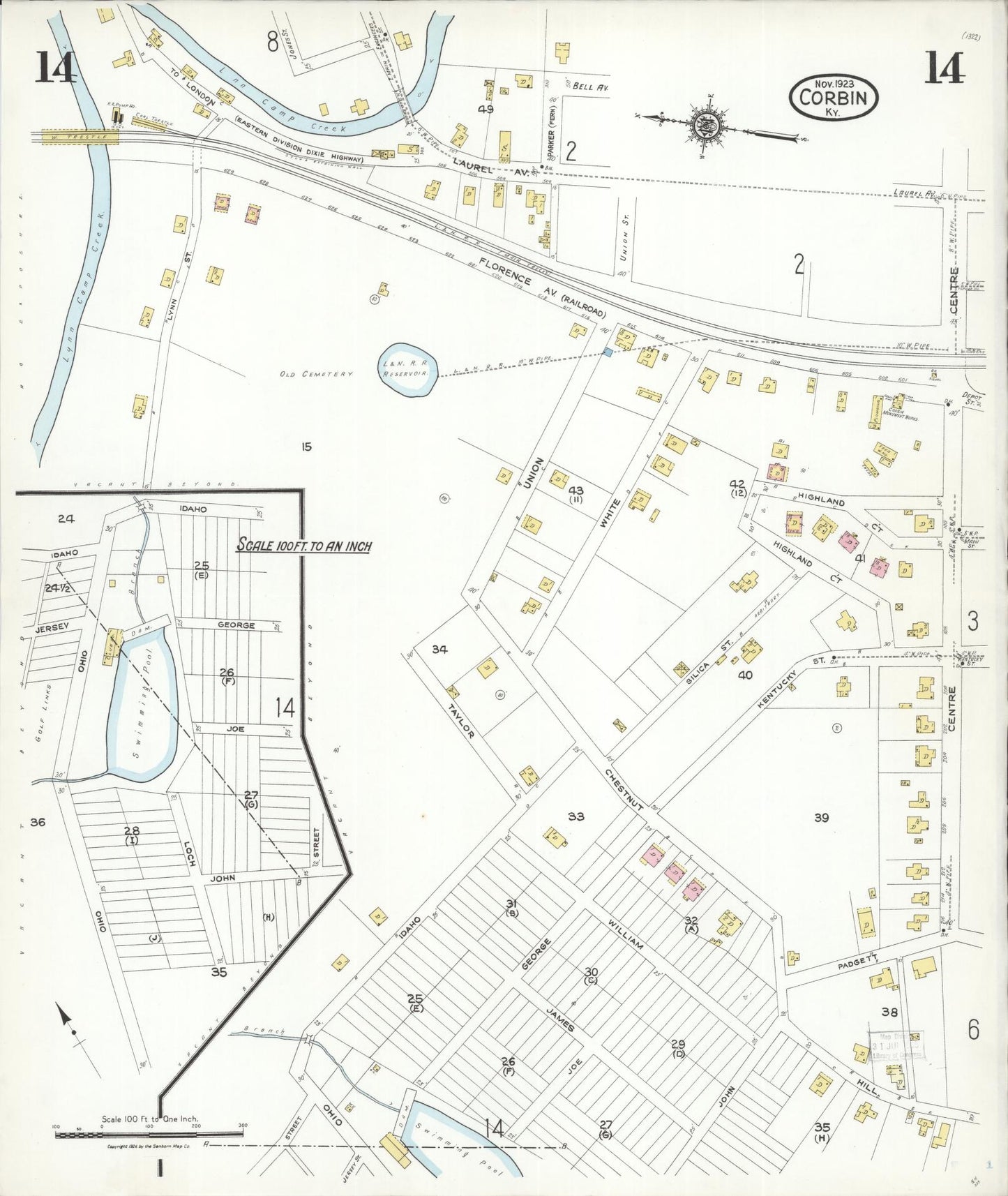 Sanborn Fire Insurance Map from Corbin, Knox and Whitley Counties, Kentucky (1923), Sheet #0014 - Historic Sanborn Fire Insurance Map Print, vintage old map wall art, antique decor, genealogy gift, Kentucky Kentucky map