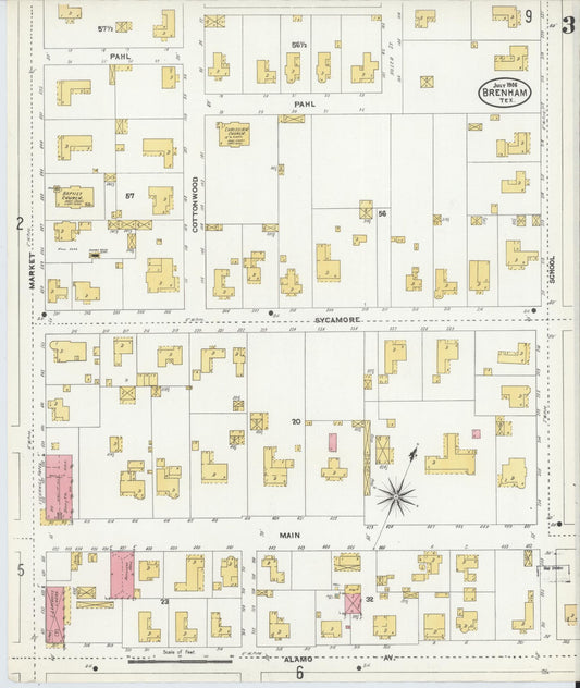 Sanborn Fire Insurance Map from Brenham, Washington County, Texas (1906), Sheet #0003 - Historic Sanborn Fire Insurance Map Print, vintage old map wall art, antique decor, genealogy gift, Texas Texas map