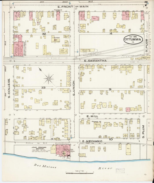 Sanborn Fire Insurance Map from Ottumwa, Wapello County, Iowa (1885), Sheet #0007 - Historic Sanborn Fire Insurance Map Print, vintage old map wall art