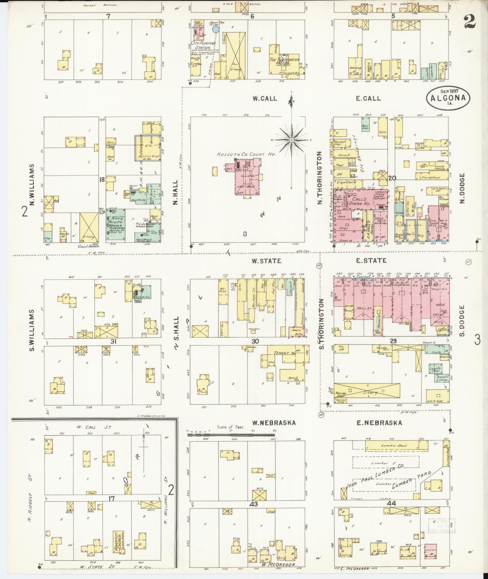 Sanborn Fire Insurance Map from Algona, Kossuth County, Iowa (1897), Sheet #0002 - Historic Sanborn Fire Insurance Map Print, vintage old map wall art